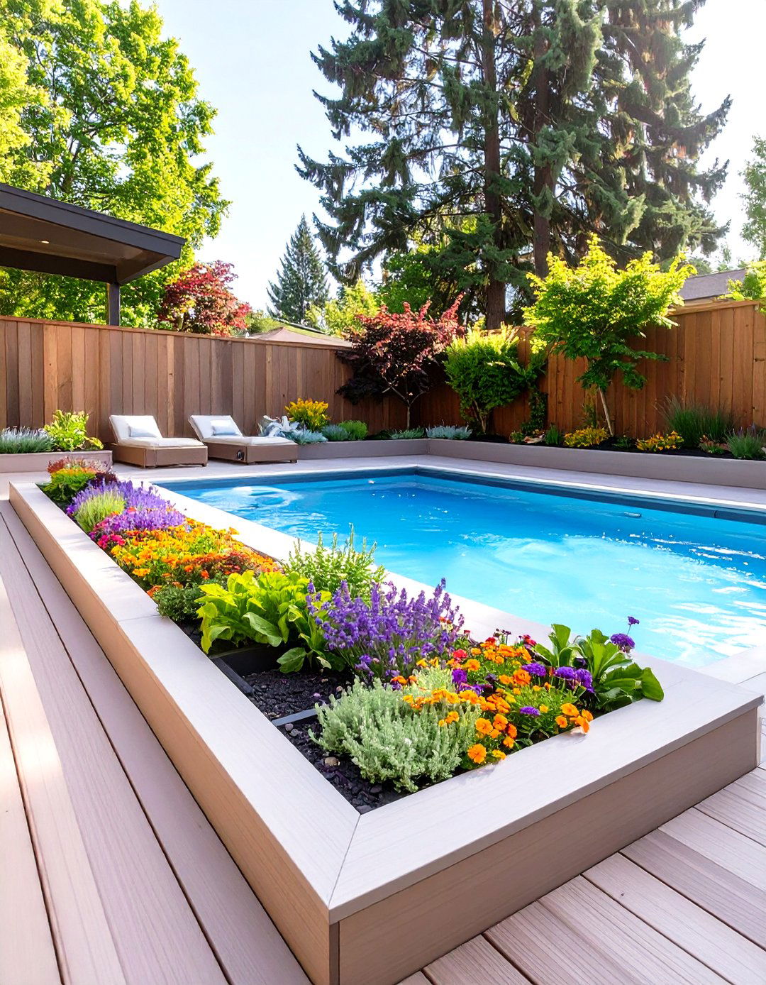 A Deck with Built in Planters - 30 backyard swim spa deck ideas