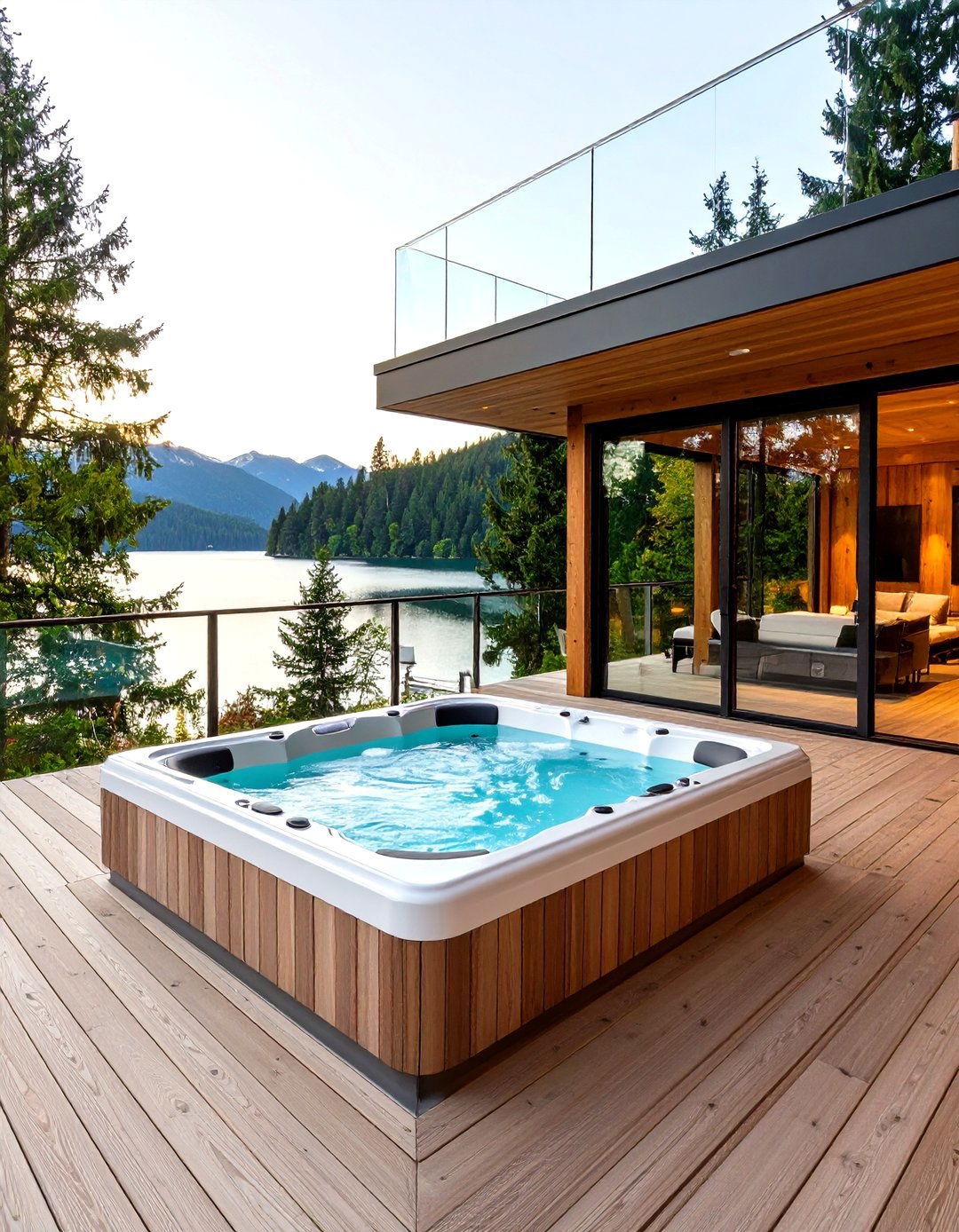 A Deck with Glass Panel Railings - 30 hot tub deck ideas