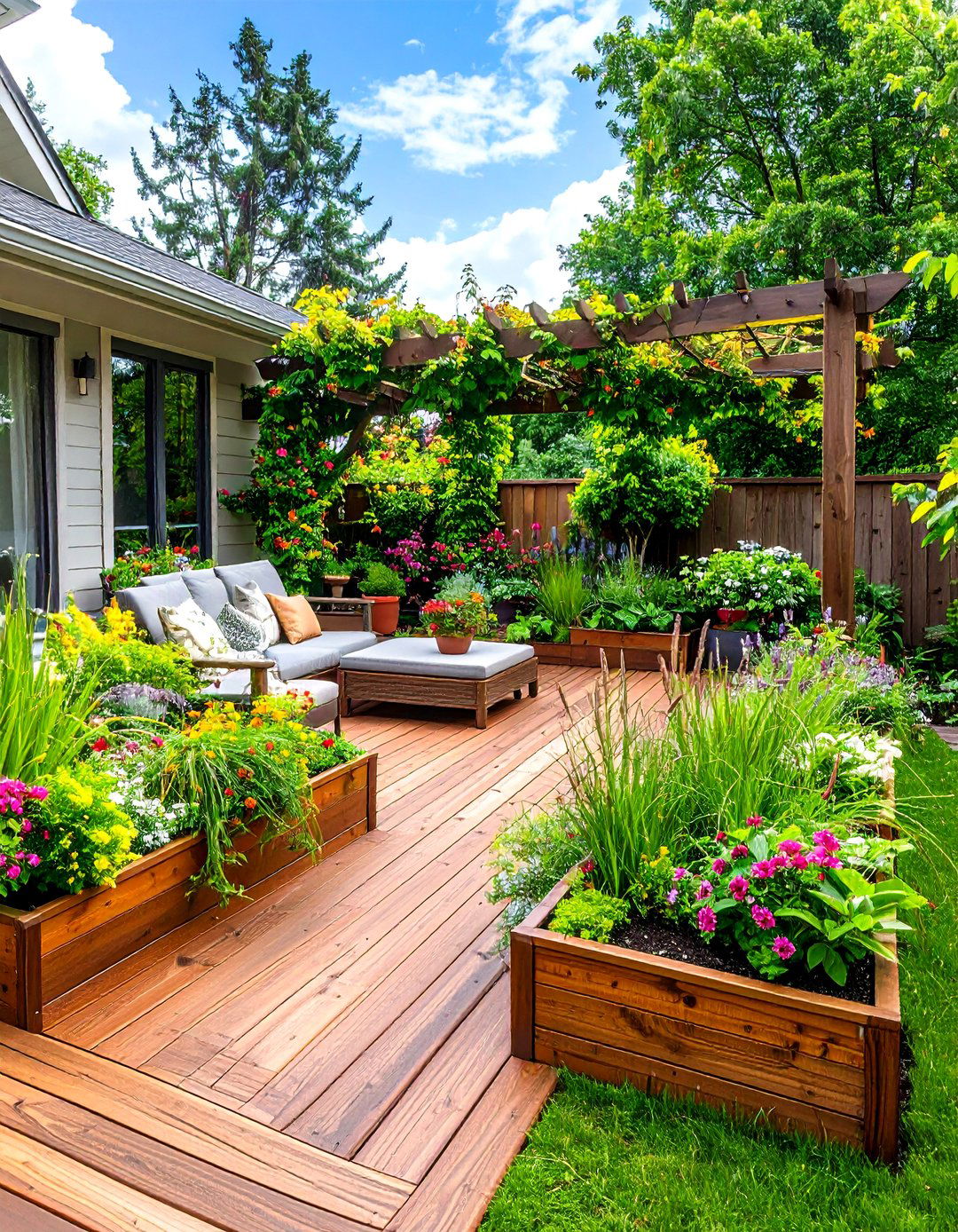 A Deck with Integrated Planters and Greenery - 30 ai deck design ideas