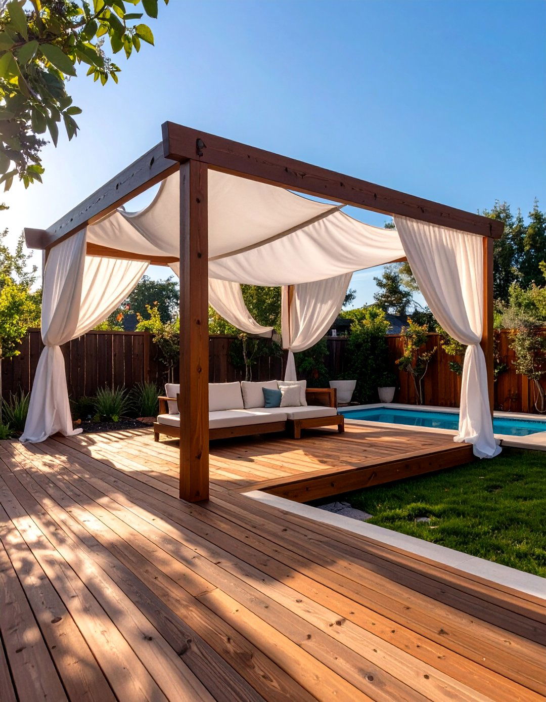 A Deck with Pergola for Shade - 30 above ground pool deck ideas on a budget