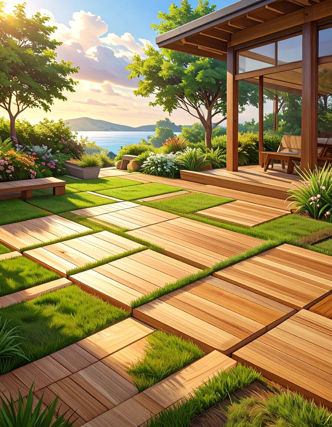 A Deck with Removable Grass Squares - 30 deck floor covering ideas