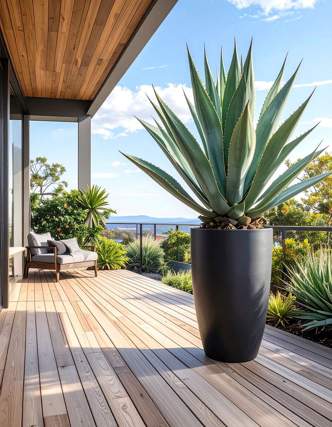 A Deck with Sculptural Statement Plants - 30 deck decorating ideas with plants