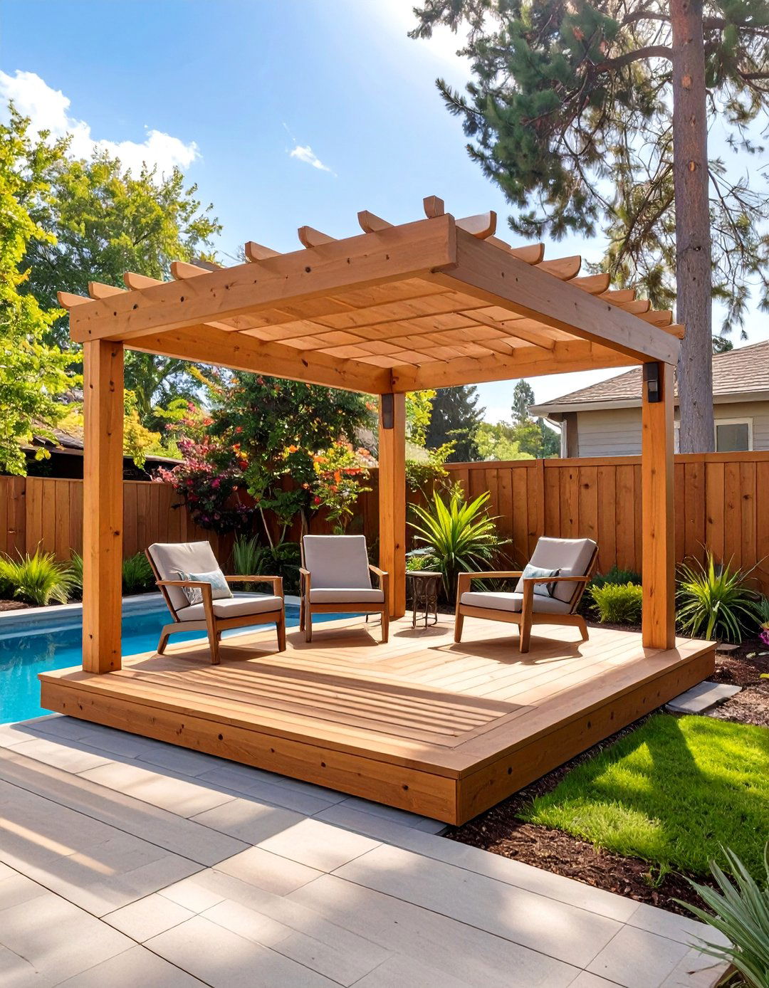 A Deck with a Corner Pergola - 30 above ground pool deck ideas on a budget