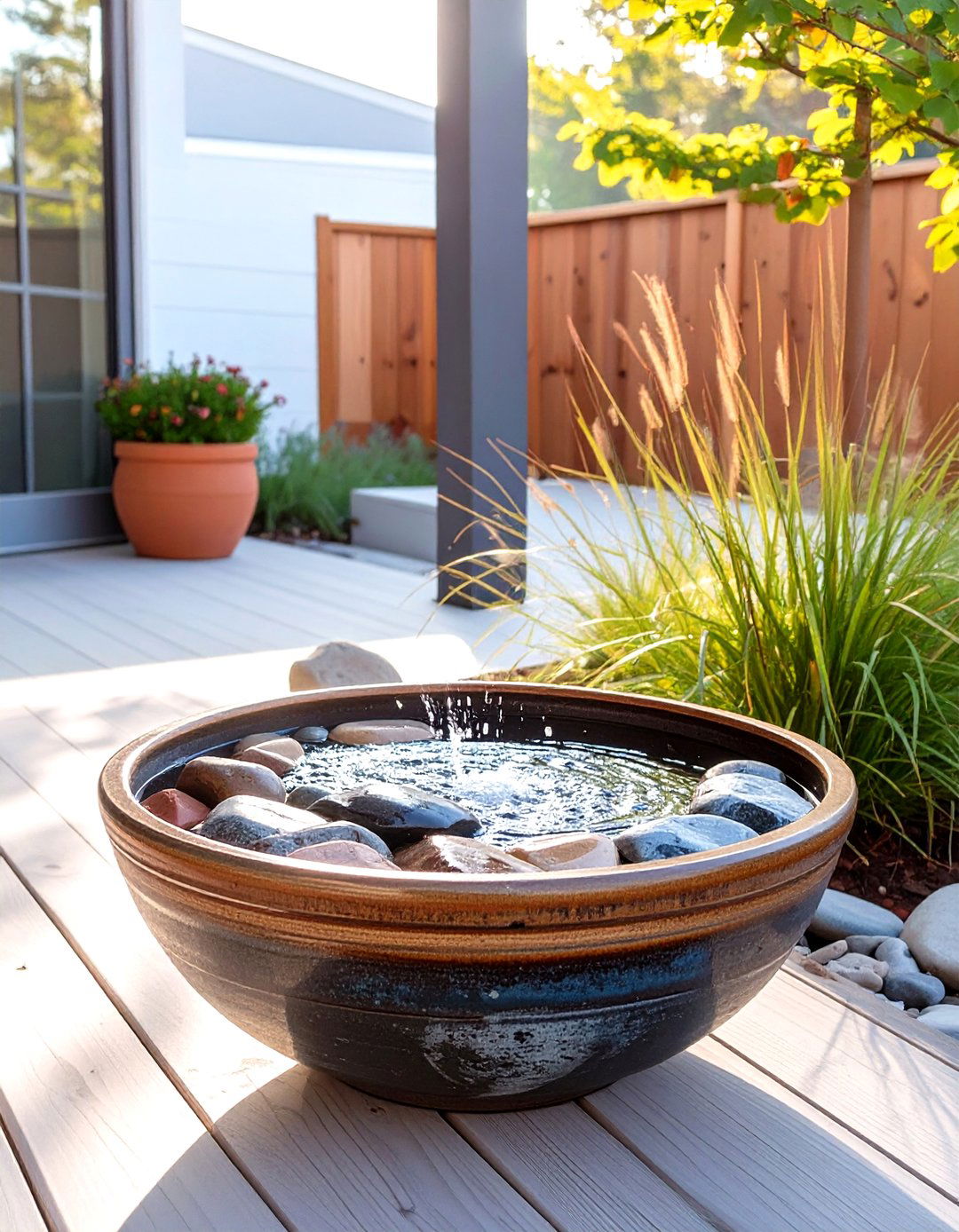 A Deck with a DIY Water Feature - 30 inexpensive deck ideas