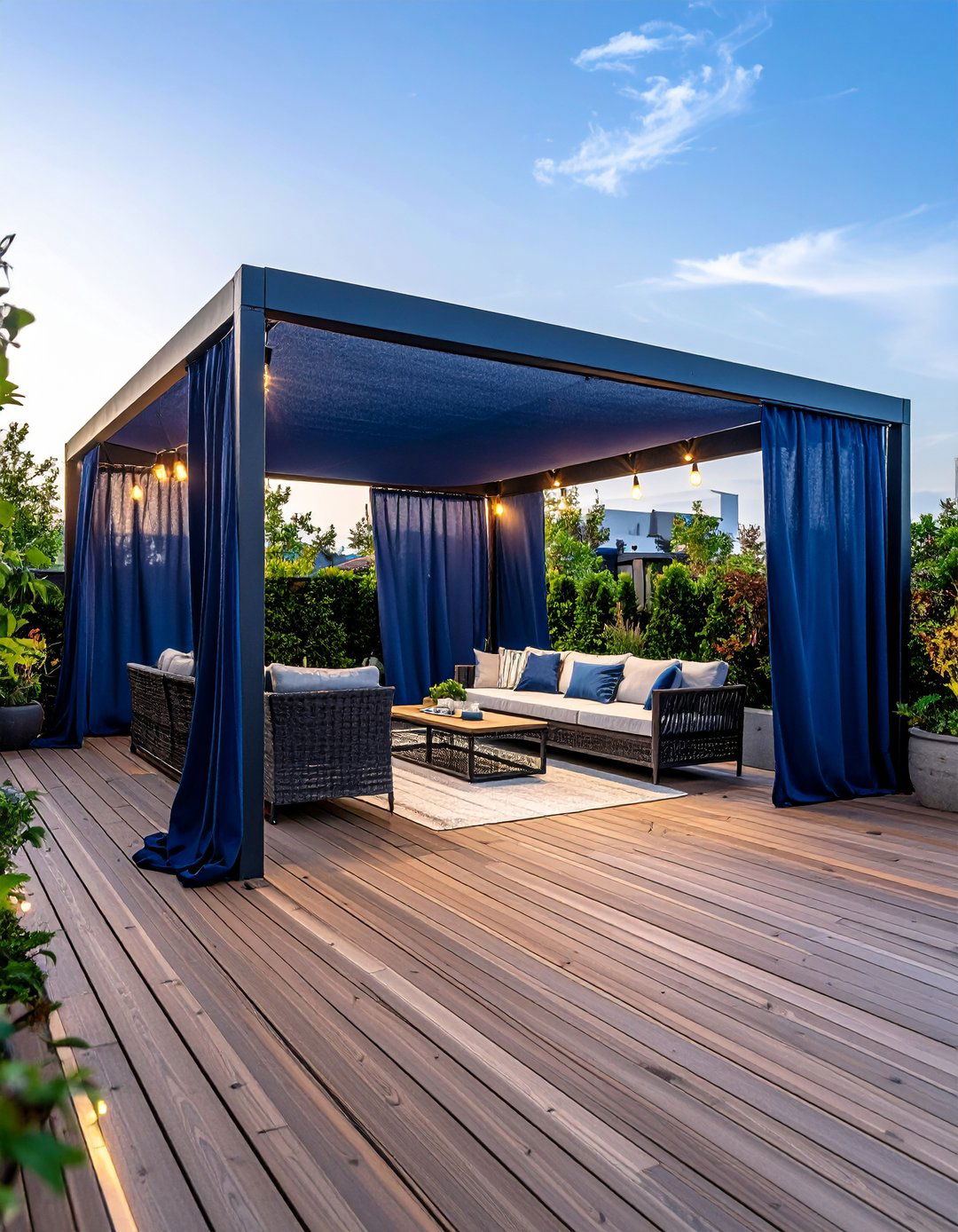 A Deck with a Fabric Privacy Screen - 30 backyard deck ideas on a budget