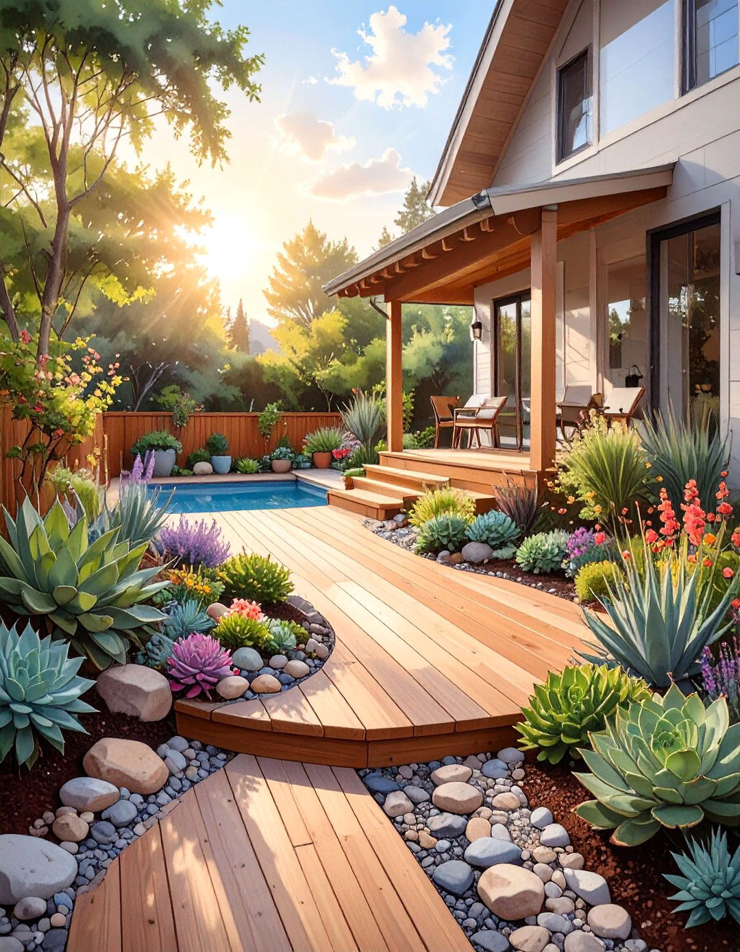 A Deck with a Rock Garden Border - 30 above ground pool deck ideas on a budget