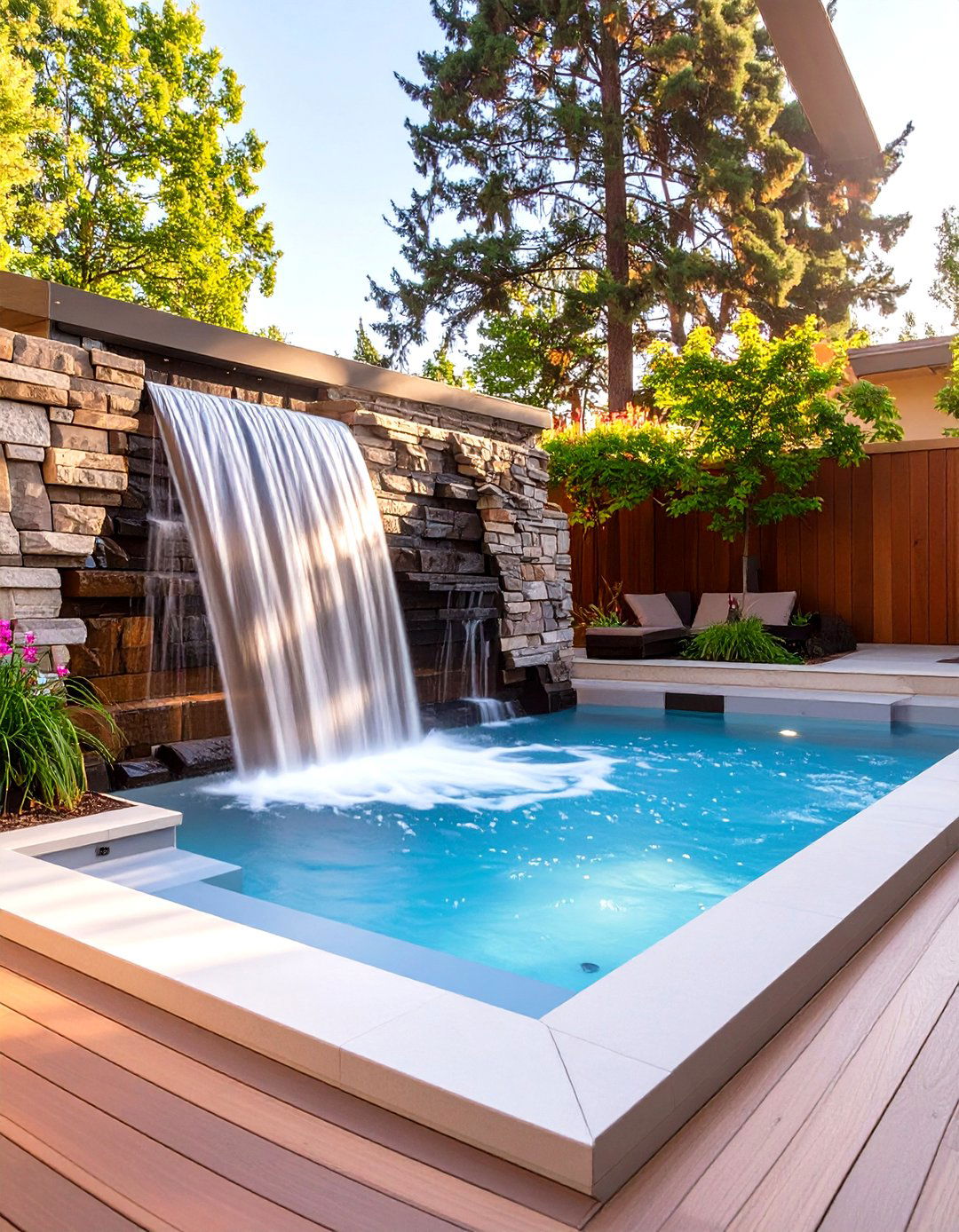 A Deck with a Waterfall Feature - 30 backyard swim spa deck ideas
