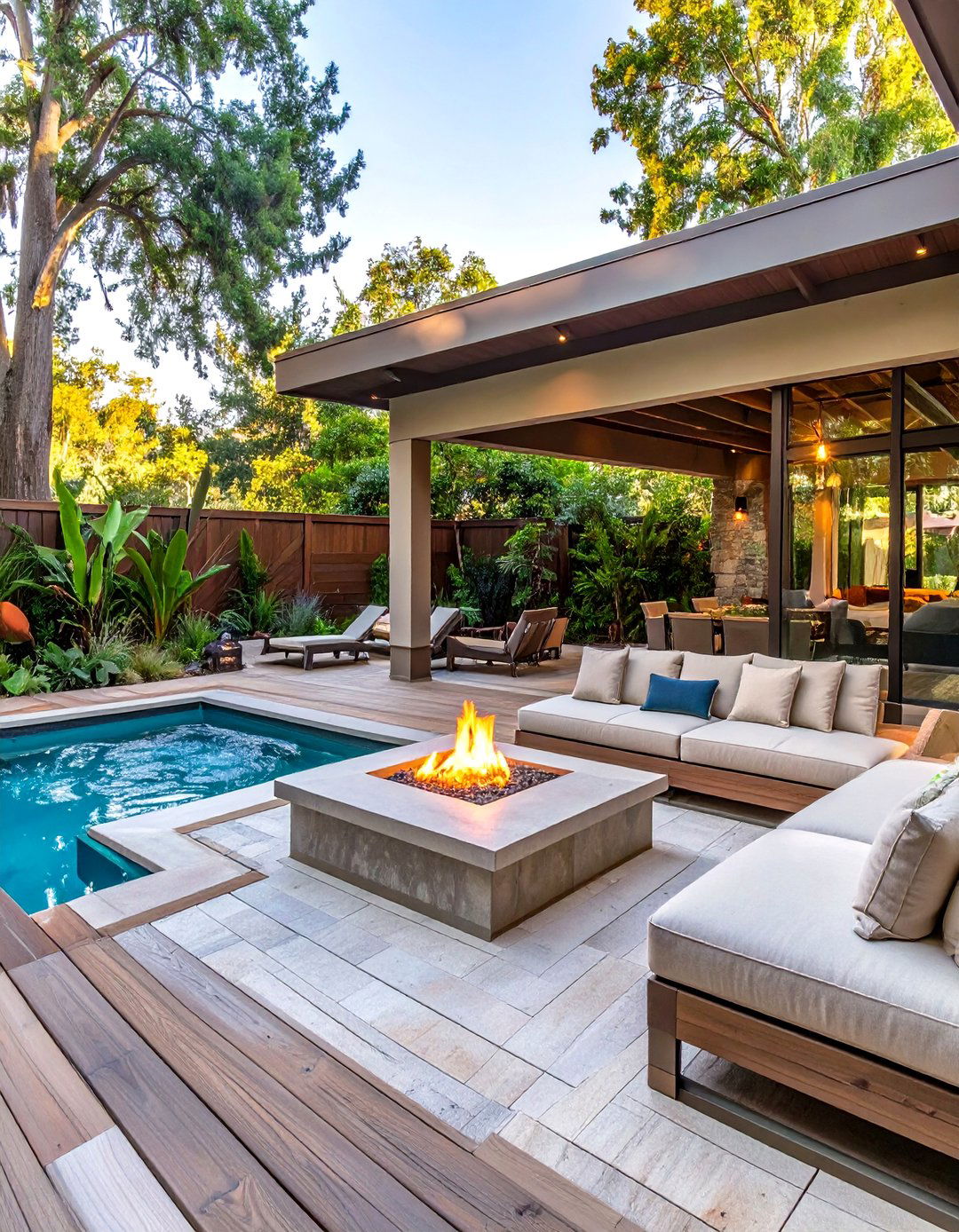 A Deck with an Integrated Fire Pit - 30 backyard swim spa deck ideas