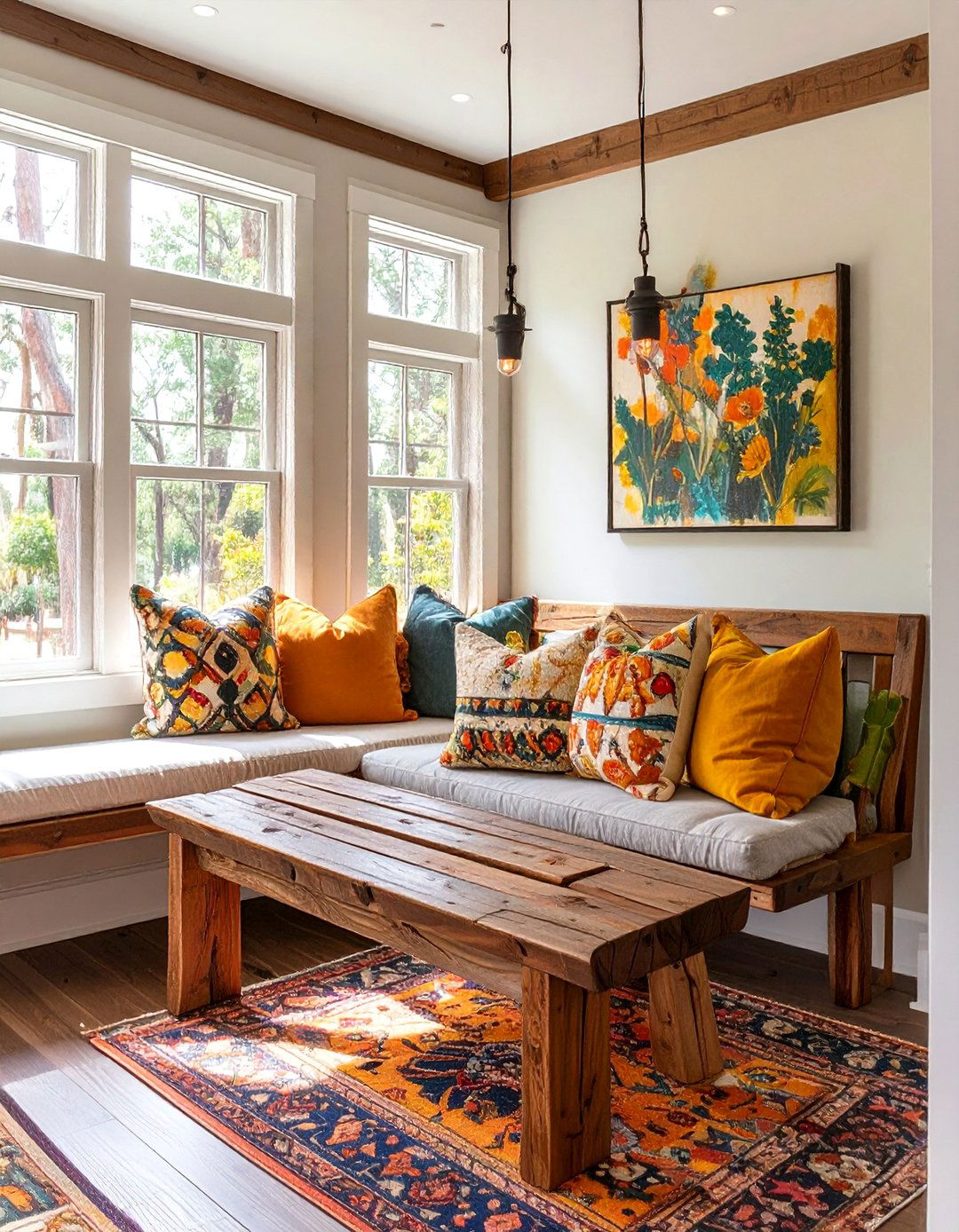 A Dining Area with a High Backed Bench - 30 arts and crafts interior design ideas