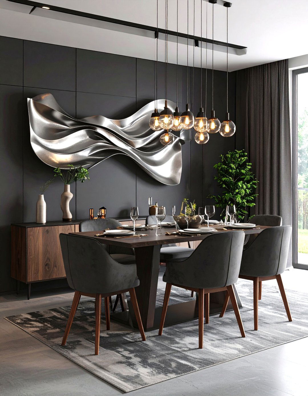 A Dining Room with Abstract Metal Wall Art - 30 dining room wall art ideas