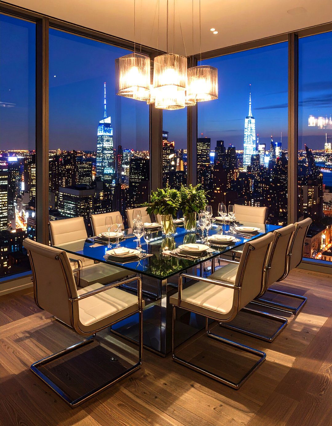 A Dining Room with Panoramic Cityscape Art - 30 dining room wall art ideas