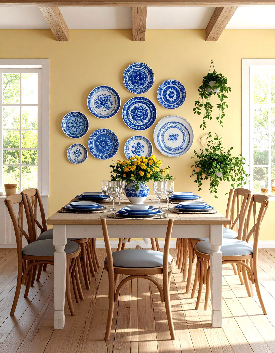 A Dining Room with a Collection of Plates - 30 dining room wall art ideas