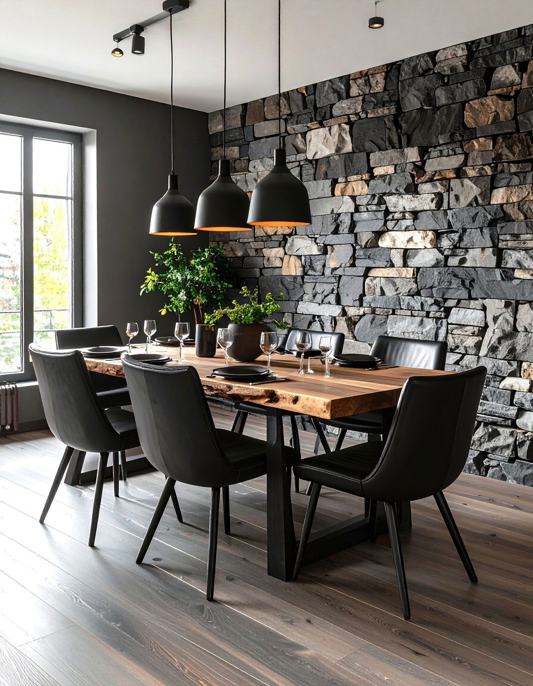 A Dining Room with a Natural Stone Feature Wall - 30 dining room wall art ideas