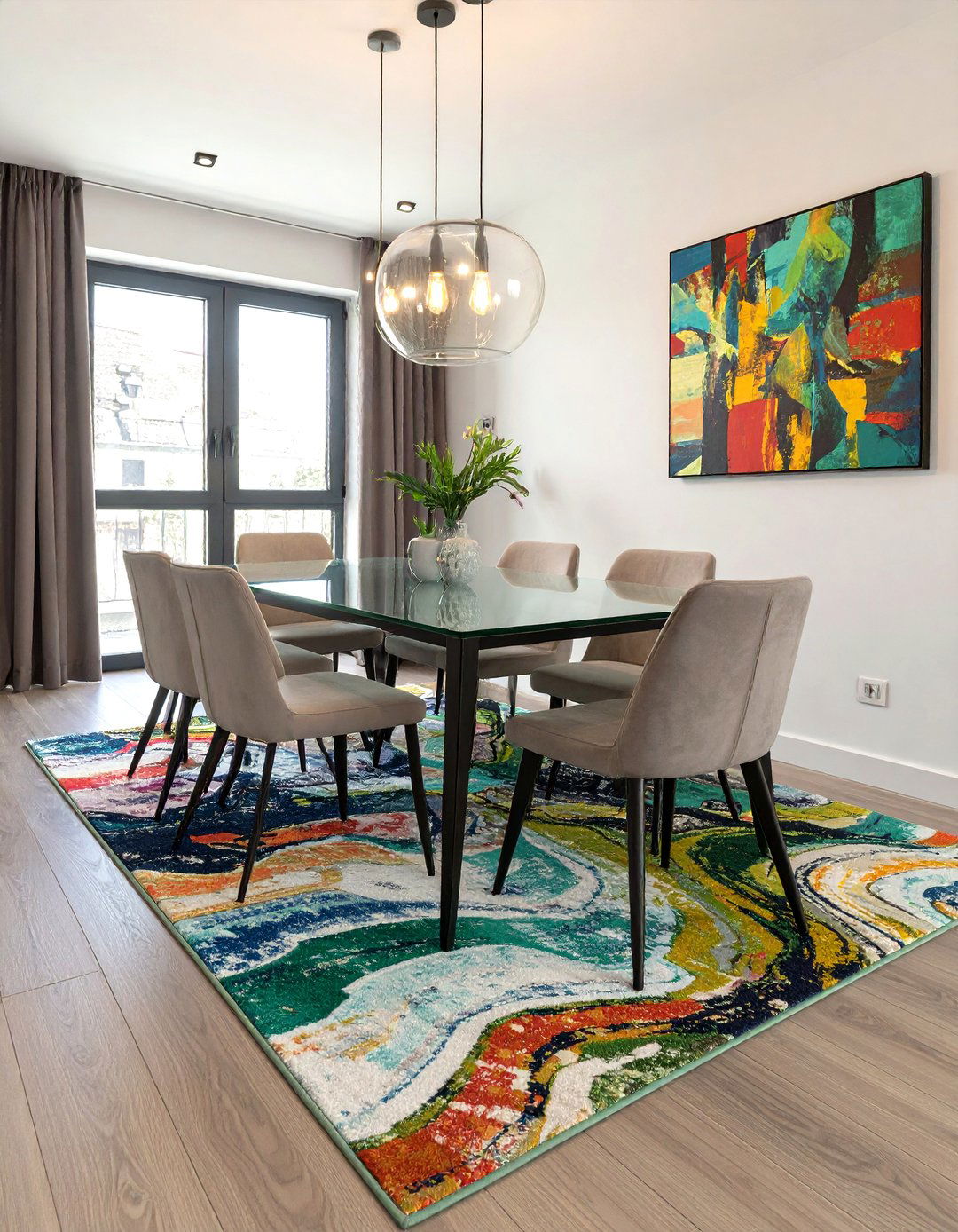 A Dining Room with a Statement Rug - 30 apartment dining room ideas