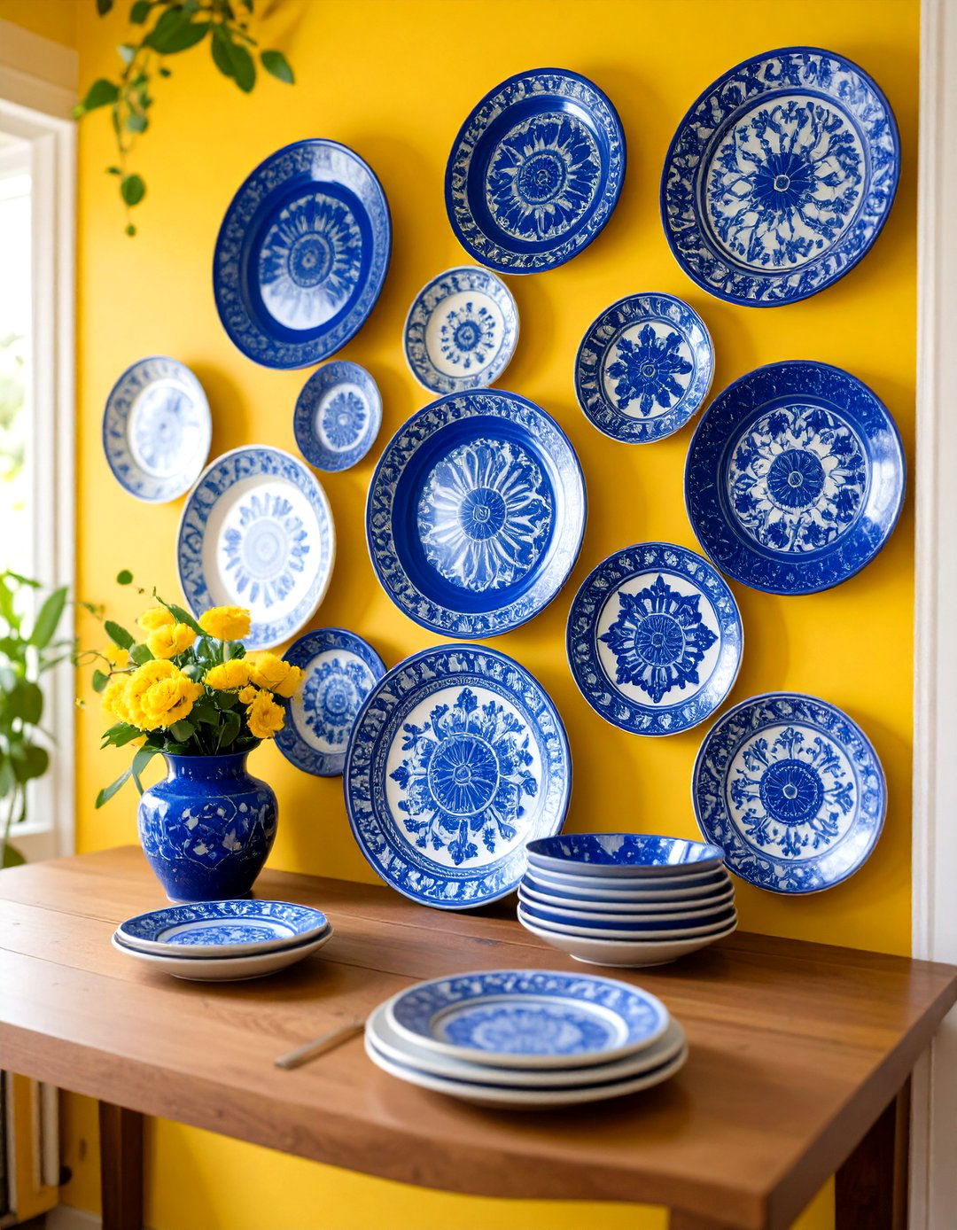 A Display of Ceramic Plates - 30 elegant living room wall decor ideas
