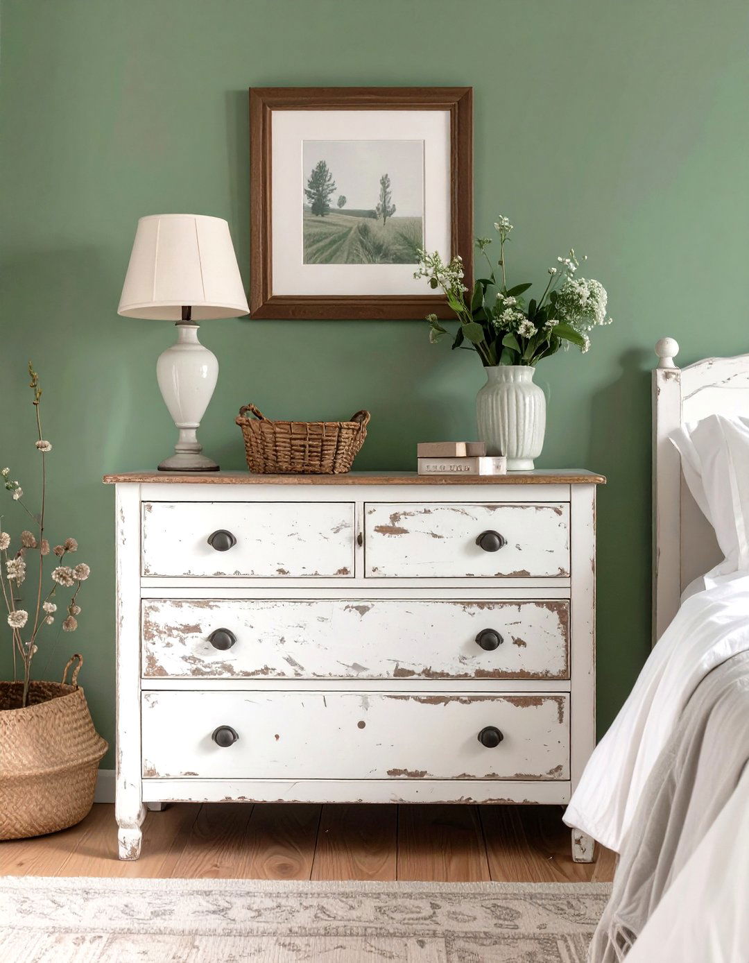 A Distressed White Dresser Against Sage Green - 30 rustic sage green bedroom ideas