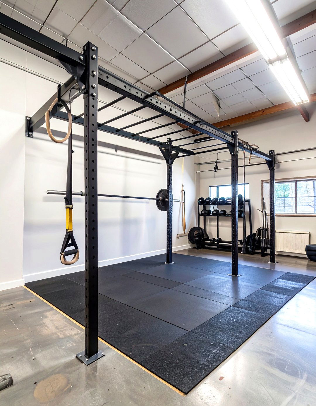 A Doorway or Ceiling Mounted Pull Up Bar in a Small Garage Gym - 30 small garage gym ideas