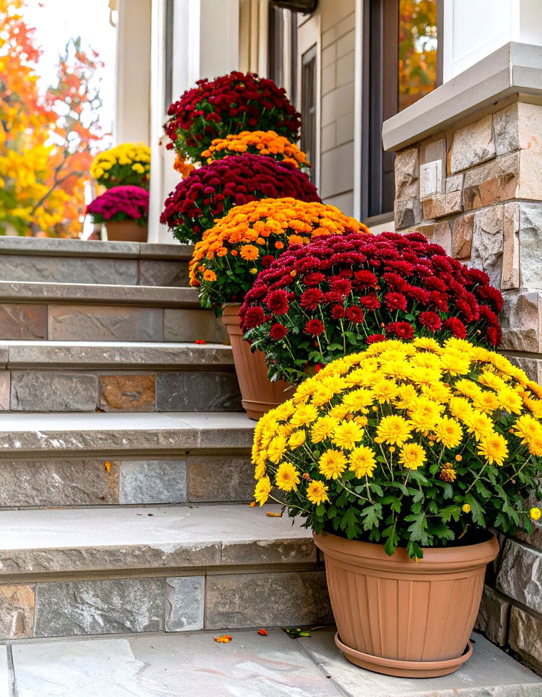 A Dozen Mums in a Rainbow on the Steps - 30 outdoor fall decor ideas