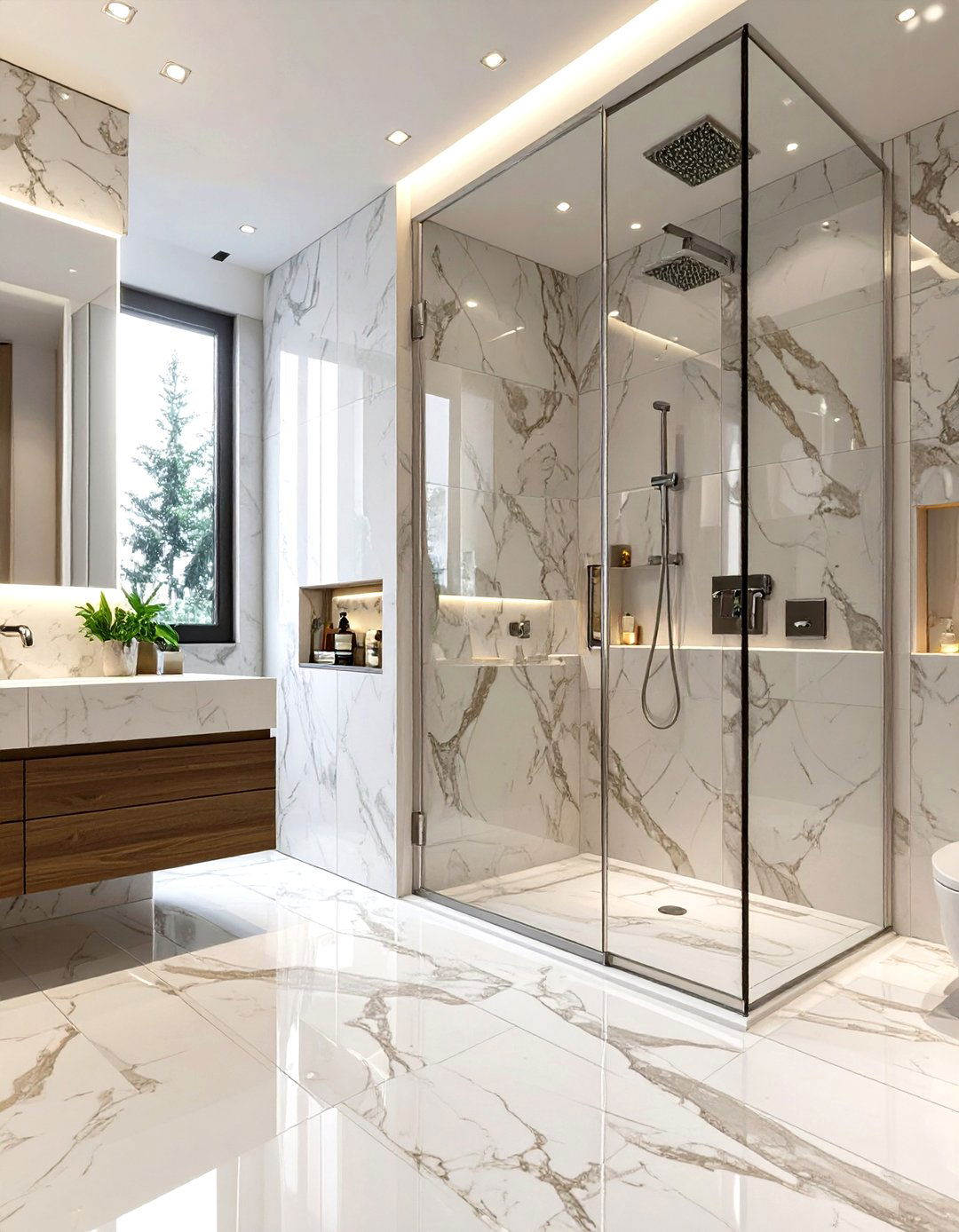 A Dramatic Marble Slab Open Shower - 30 open shower ideas