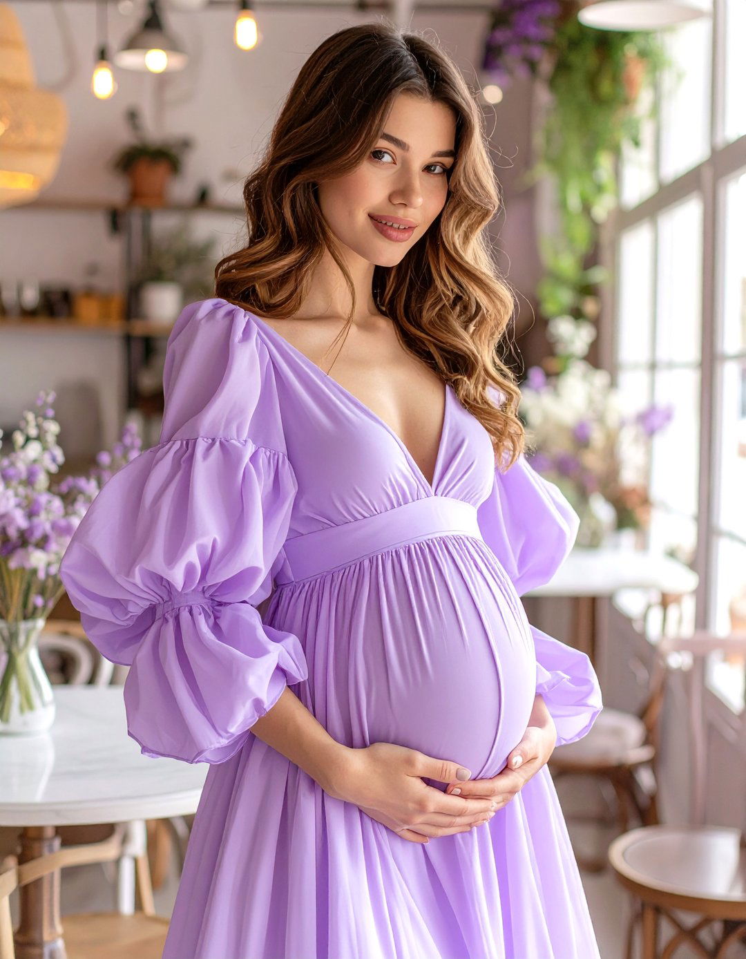 A Dress with Statement Puff Sleeves - 30 baby shower dress ideas