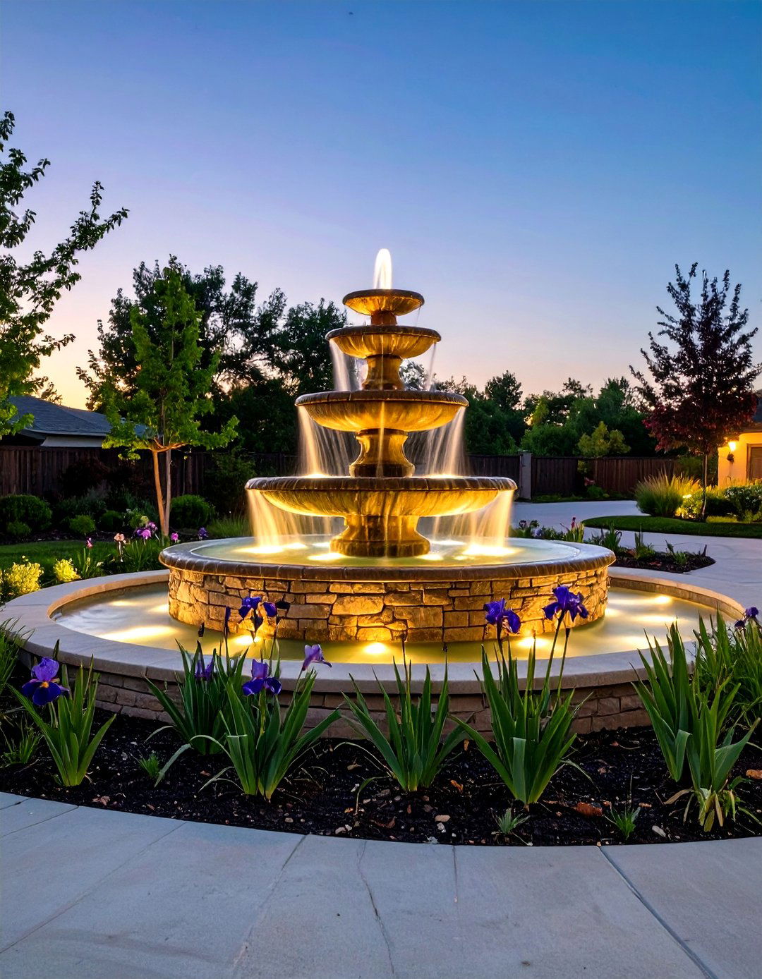 A Driveway with a Central Water Feature - 30 half circle driveway landscape ideas