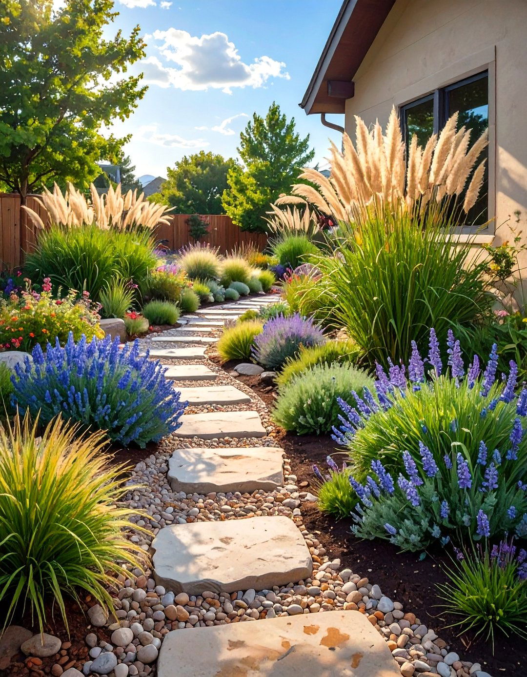 A Drought Tolerant Prairie with Gravel and Grasses - 30 low maintenance front yard landscaping ideas with rocks and mulch