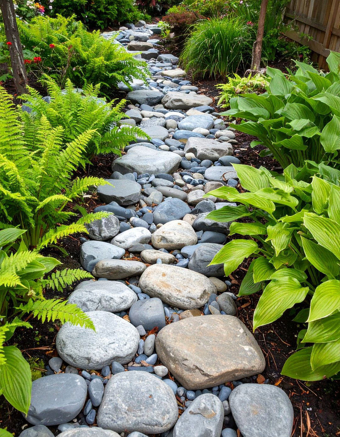A Dry Creek Bed for Drainage - 30 budget cheap simple front yard landscaping ideas