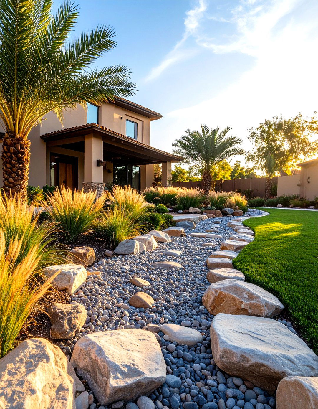 A Dry Creek Bed with River Loving Palms - 30 front yard palm tree landscape design ideas