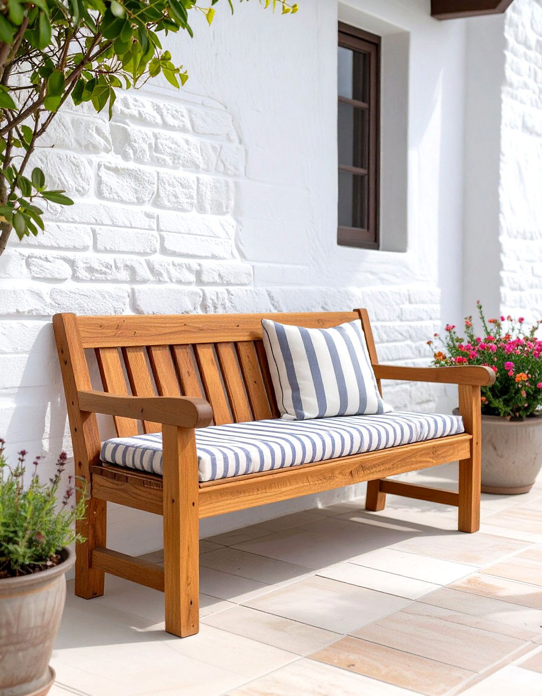 A Durable Acacia Wood Bench - 30 small patio furniture ideas