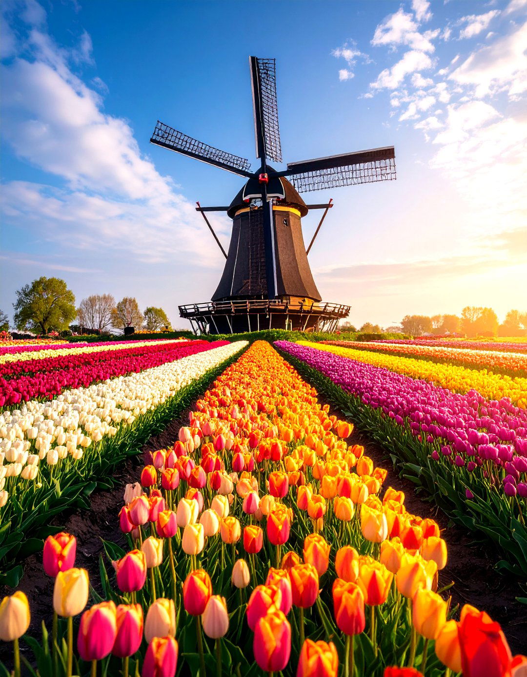 A Dutch Windmill and Tulip Fields - 30 landscape painting ideas
