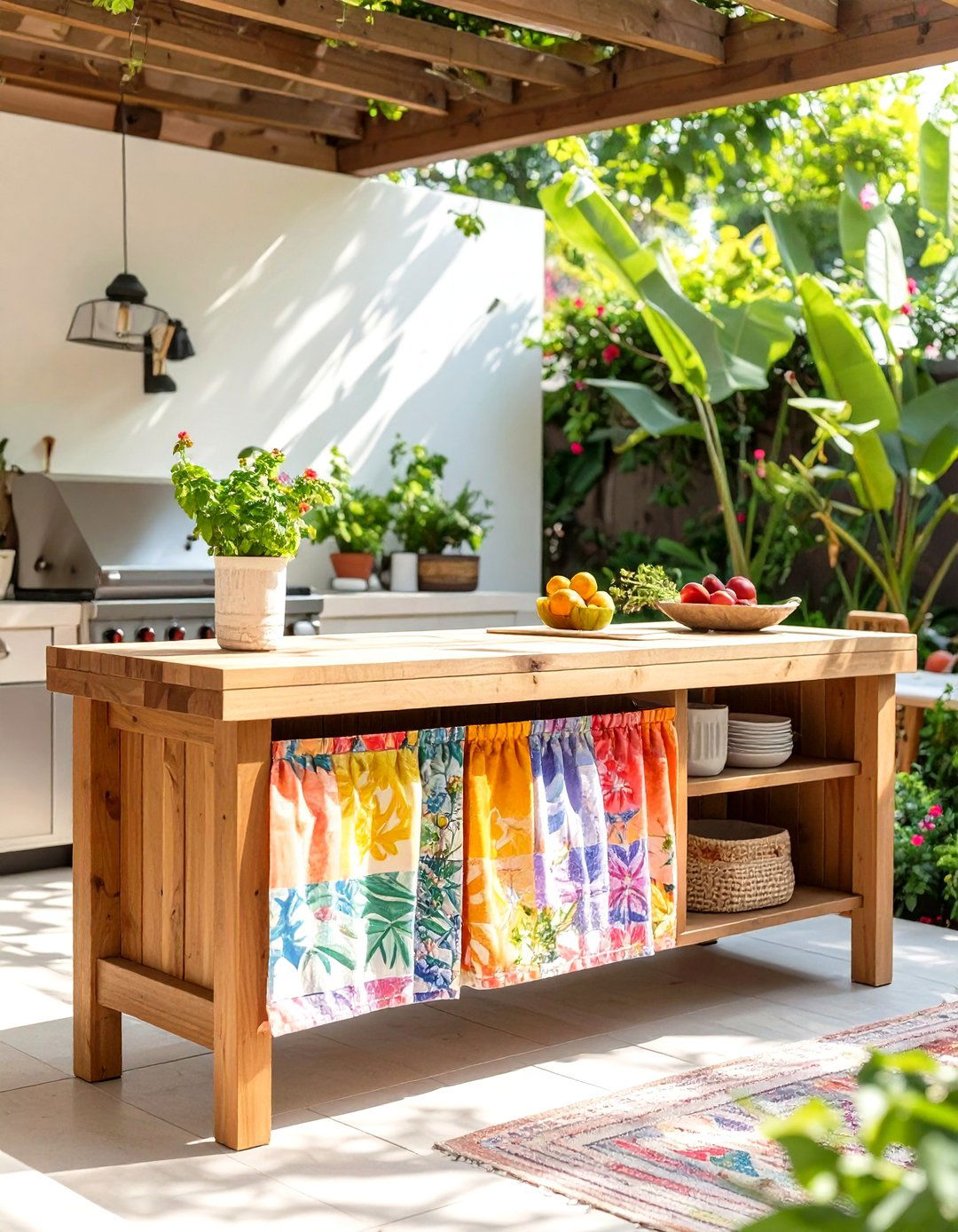 A Fabric Skirted Outdoor Kitchen Console - 30 cheap simple outdoor kitchen ideas