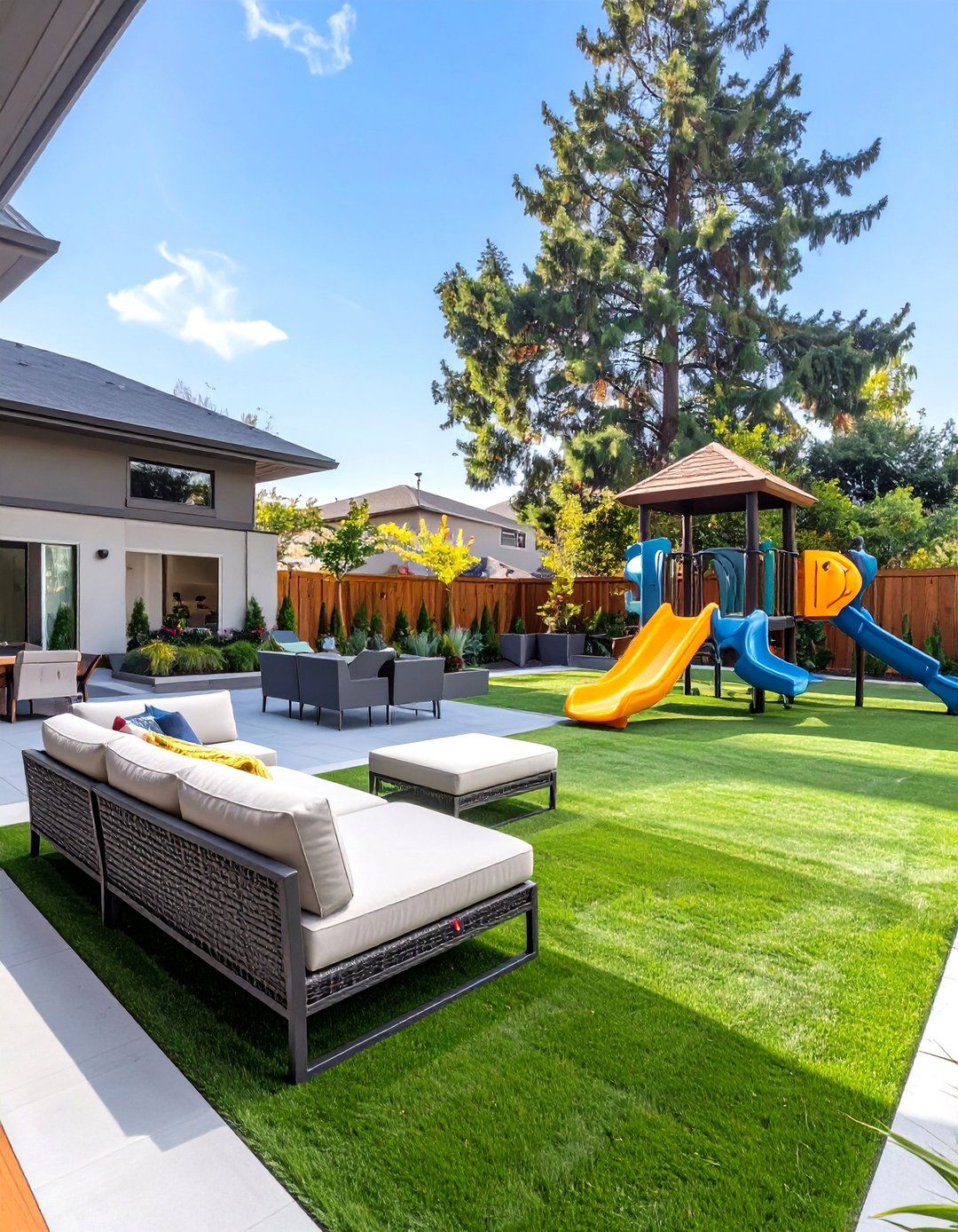 A Family Friendly Play Zone and Patio - 30 ai outdoor entertaining space ideas