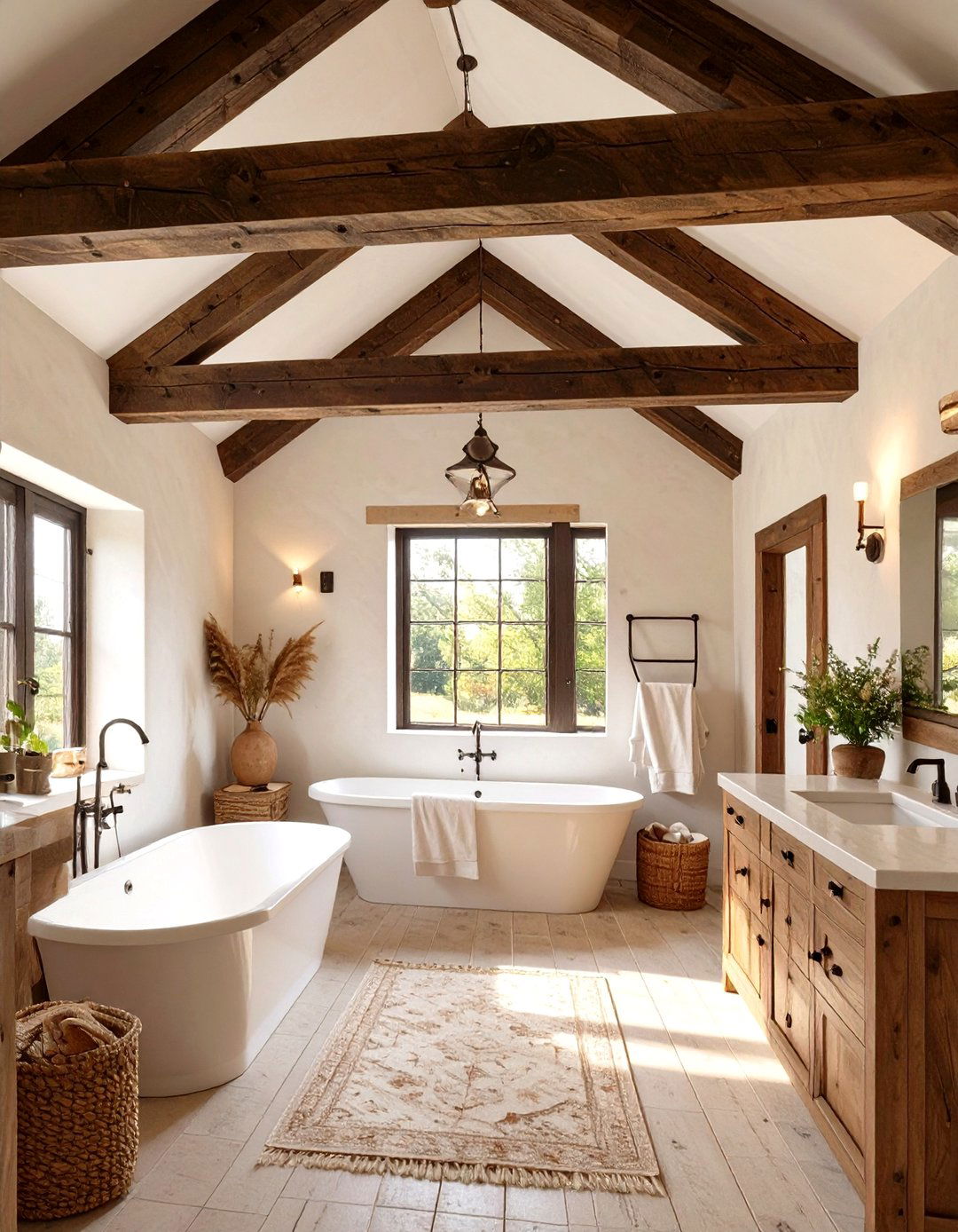 A Farmhouse Bathroom with Exposed Beams - 30 farmhouse bathroom decor ideas
