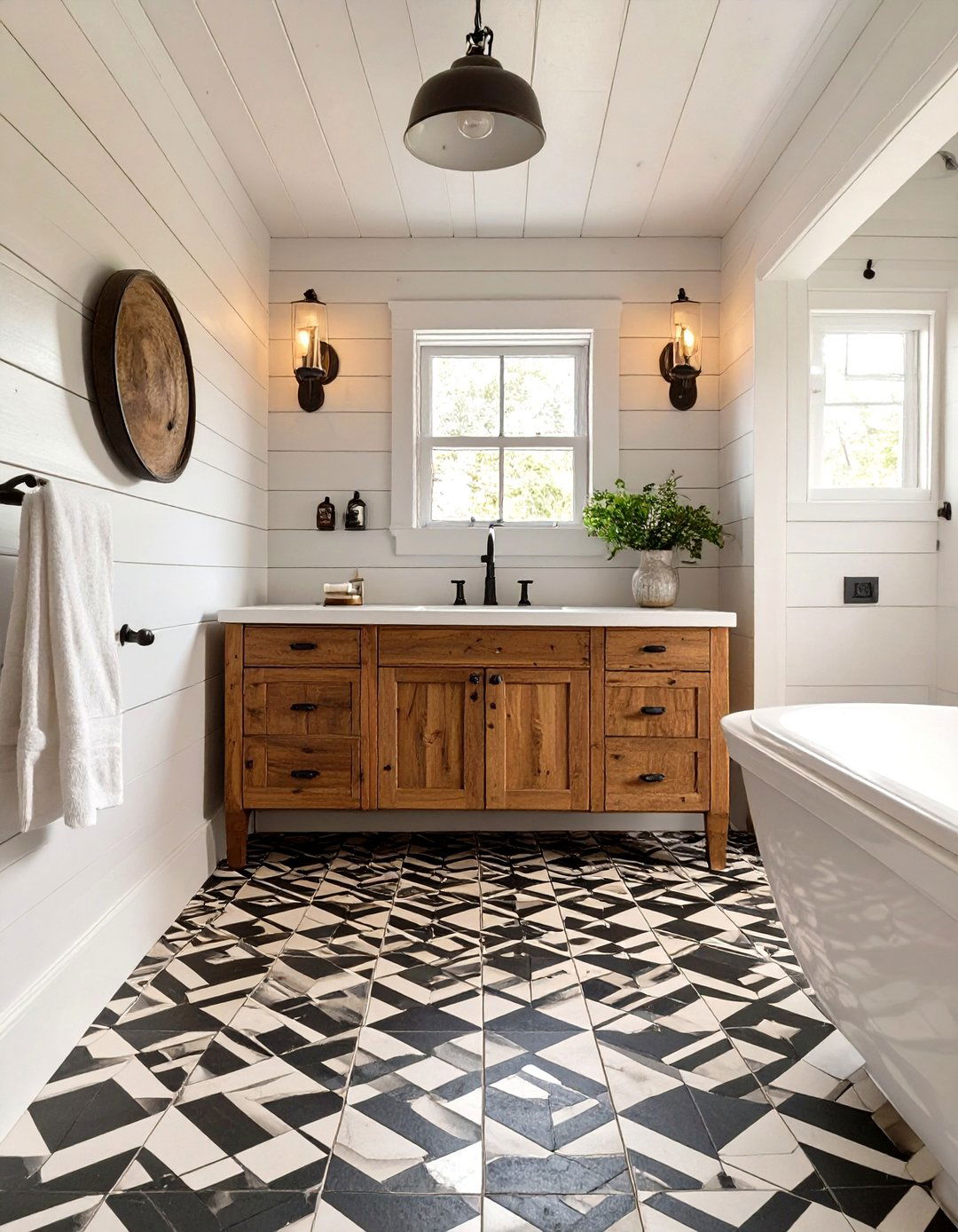 A Farmhouse Bathroom with Patterned Floor Tile - 30 farmhouse bathroom decor ideas