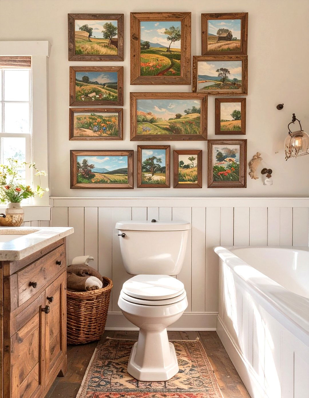 A Farmhouse Bathroom with Vintage Artwork - 30 farmhouse bathroom decor ideas