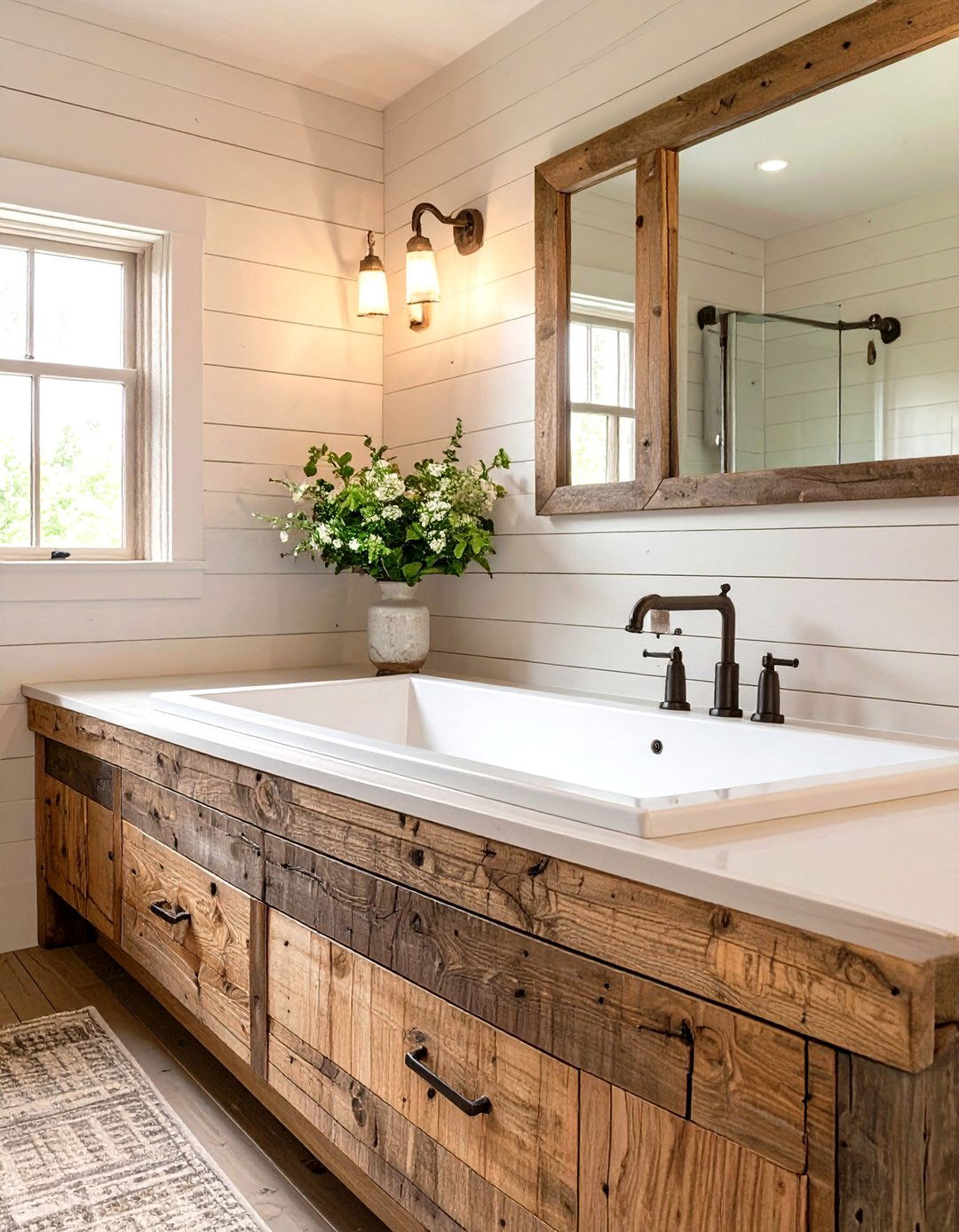 A Farmhouse Bathroom with a Trough Sink - 30 farmhouse bathroom decor ideas
