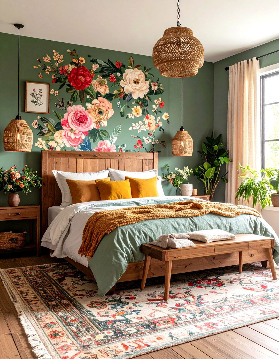 A Farmhouse Bedroom with A Wallpaper Accent Wall - 30 farmhouse master bedroom ideas