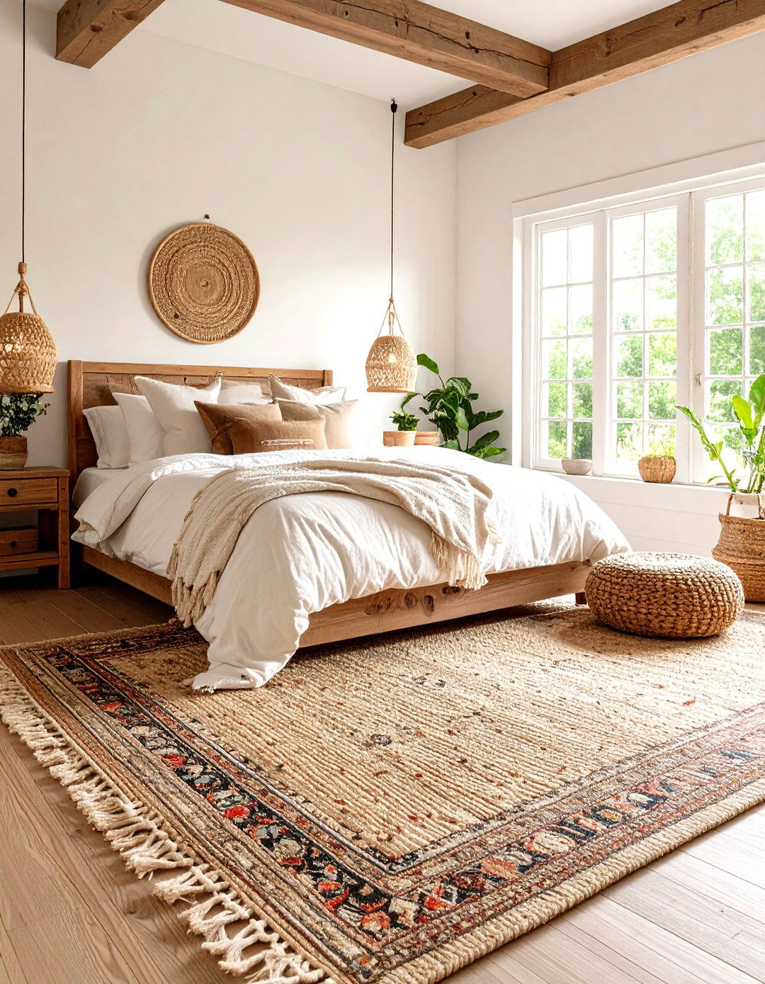 A Farmhouse Bedroom with Layered Rugs - 30 farmhouse master bedroom ideas