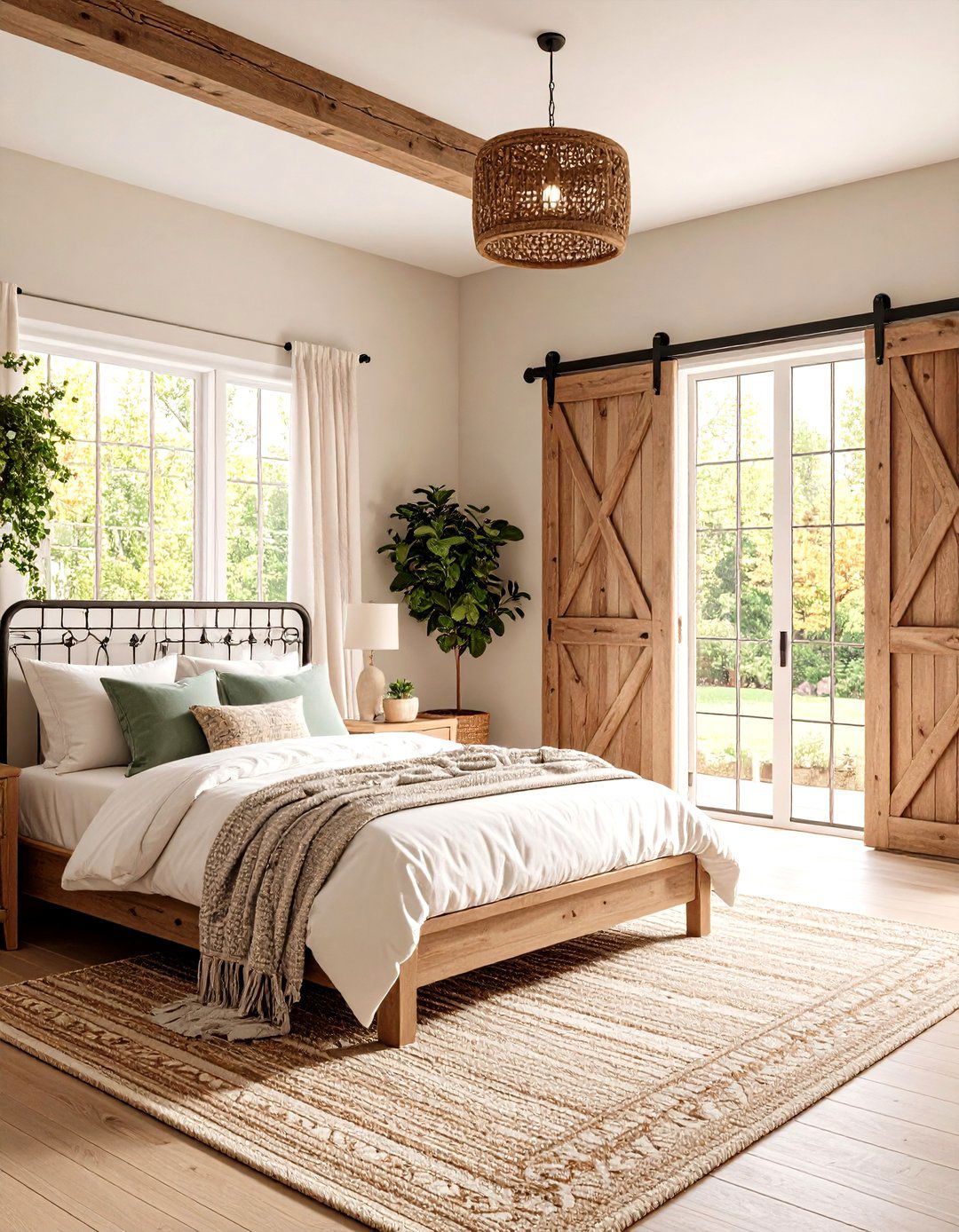A Farmhouse Bedroom with Sliding Barn Doors - 30 farmhouse master bedroom ideas