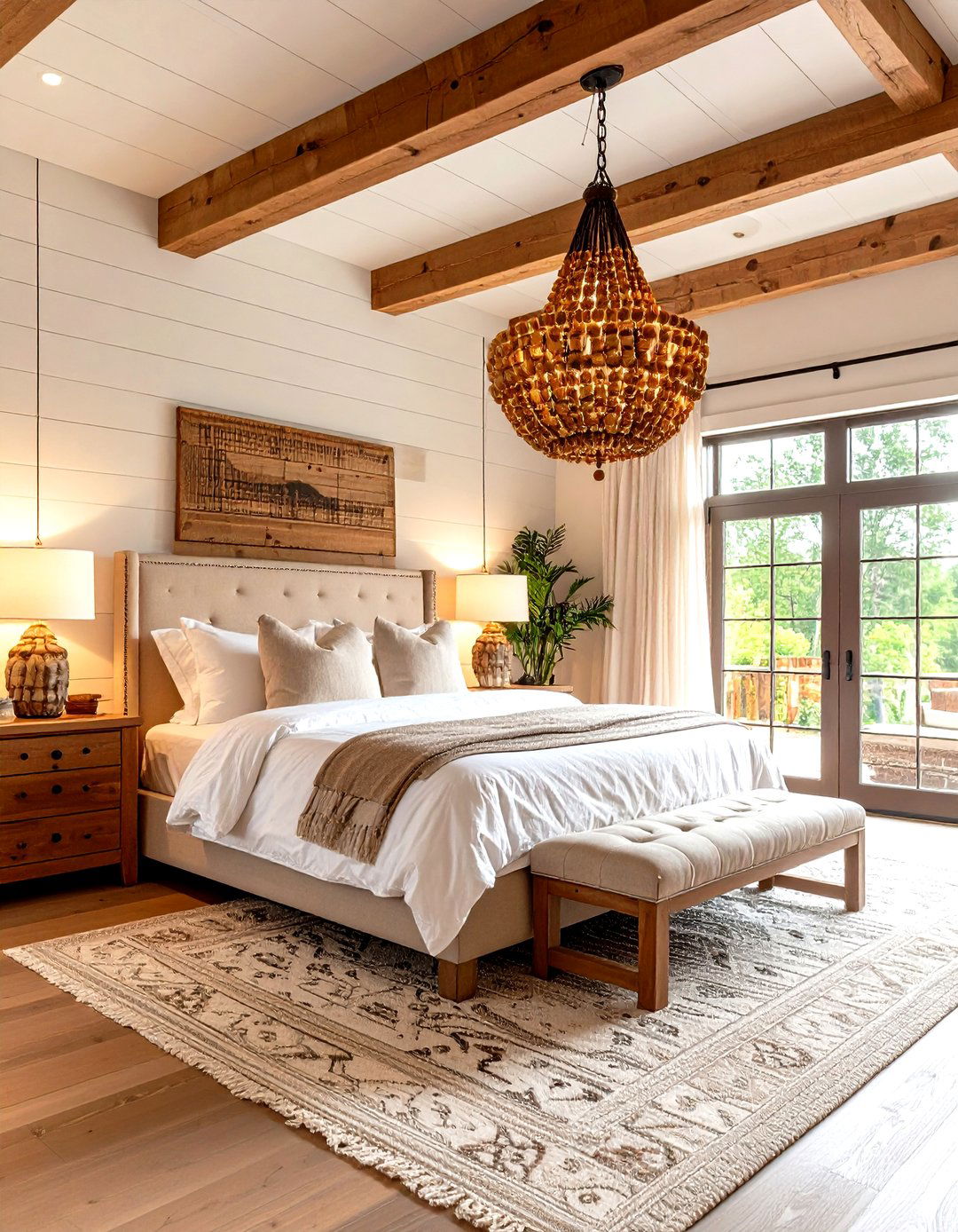 A Farmhouse Bedroom with a Statement Chandelier - 30 farmhouse master bedroom ideas