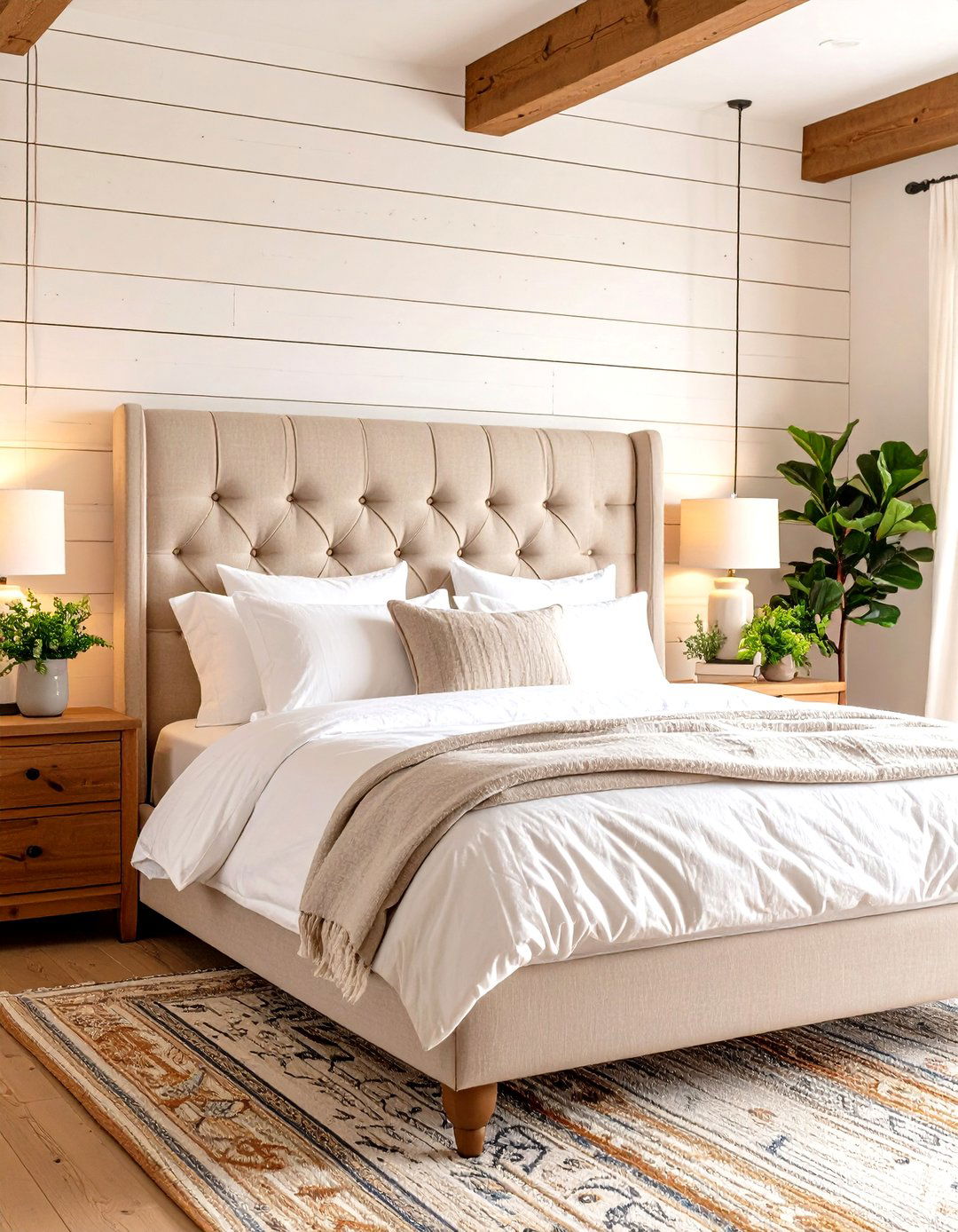 A Farmhouse Bedroom with an Upholstered Headboard - 30 farmhouse master bedroom ideas