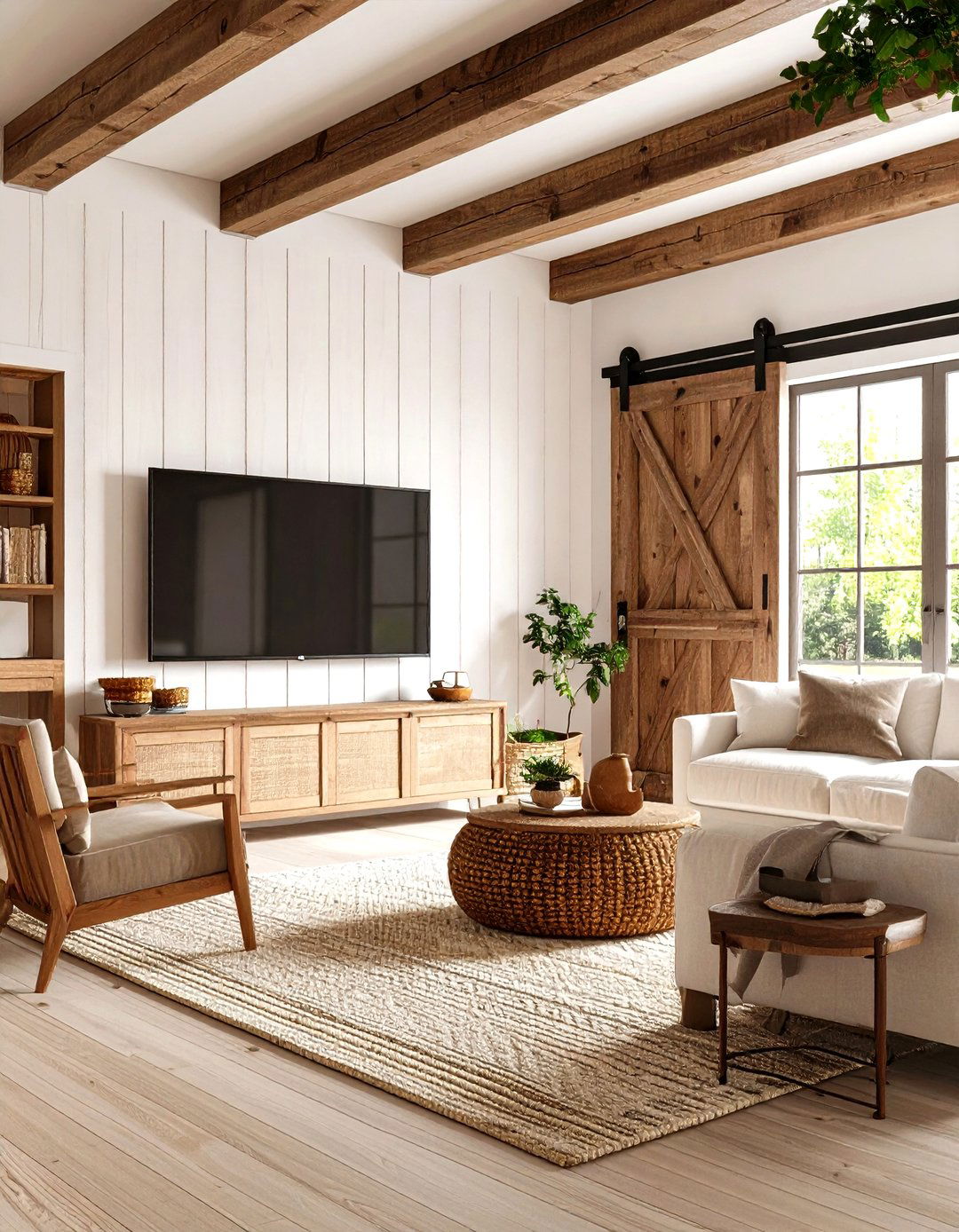 A Farmhouse Living Room with a TV on a Sliding Barn Door - 30 living room ideas with tv