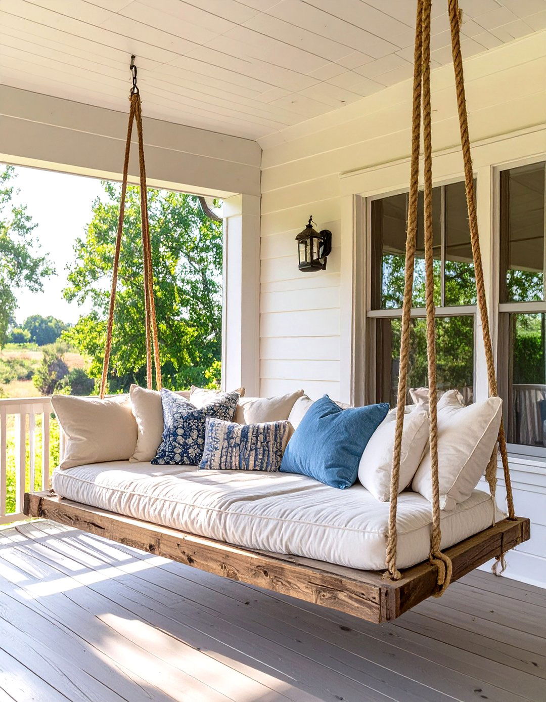 A Farmhouse Porch with a Daybed Swing - 30 house front porch ideas