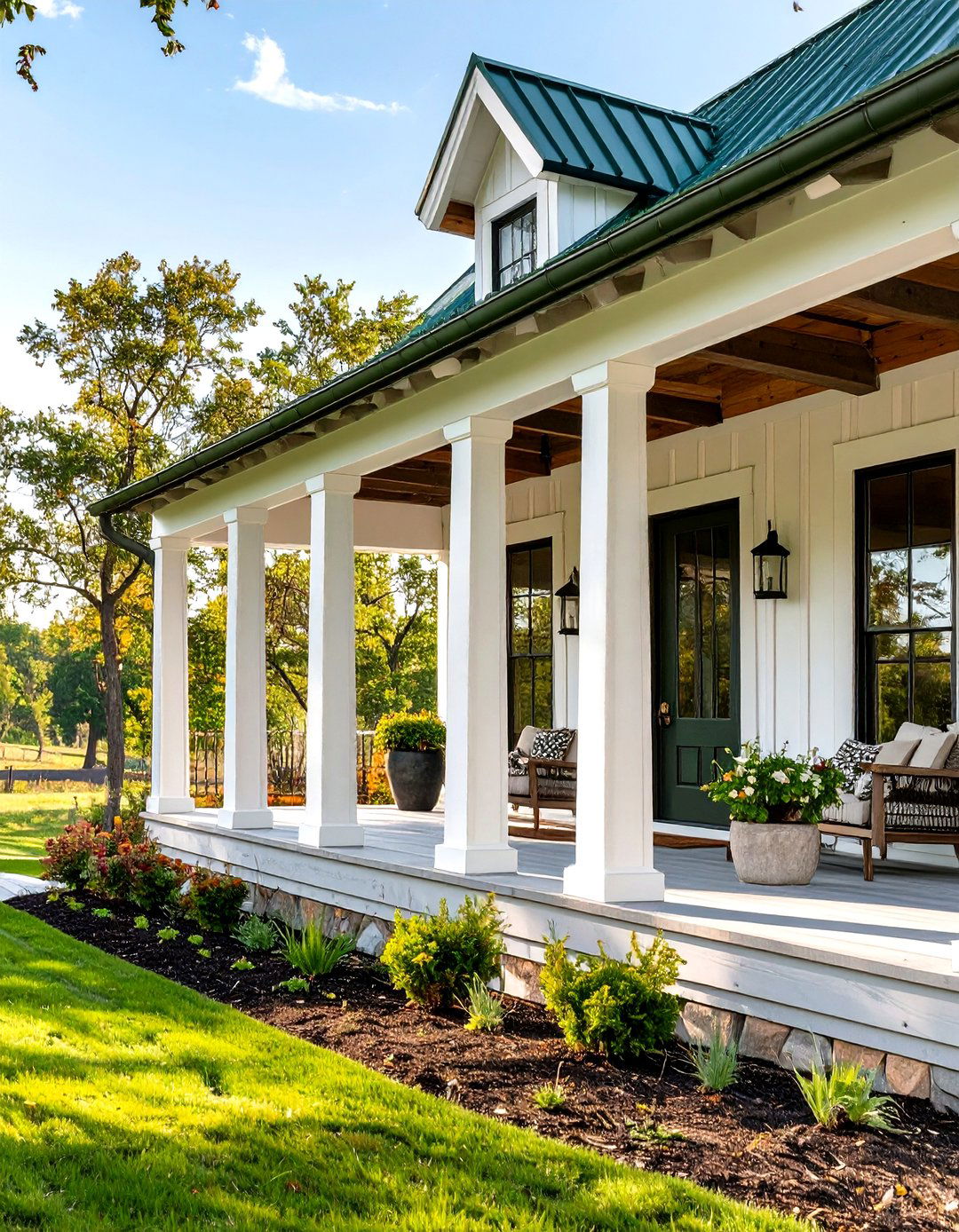 A Farmhouse Porch with a Metal Roof - 30 front porch ideas for ranch style homes before and after