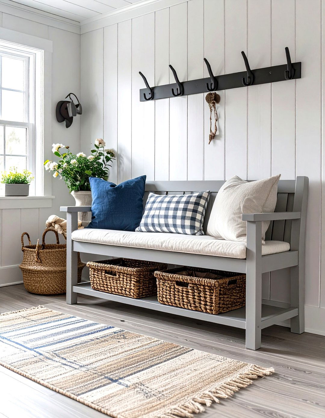 A Farmhouse Style Mudroom Bench - 30 rustic farmhouse interior design ideas