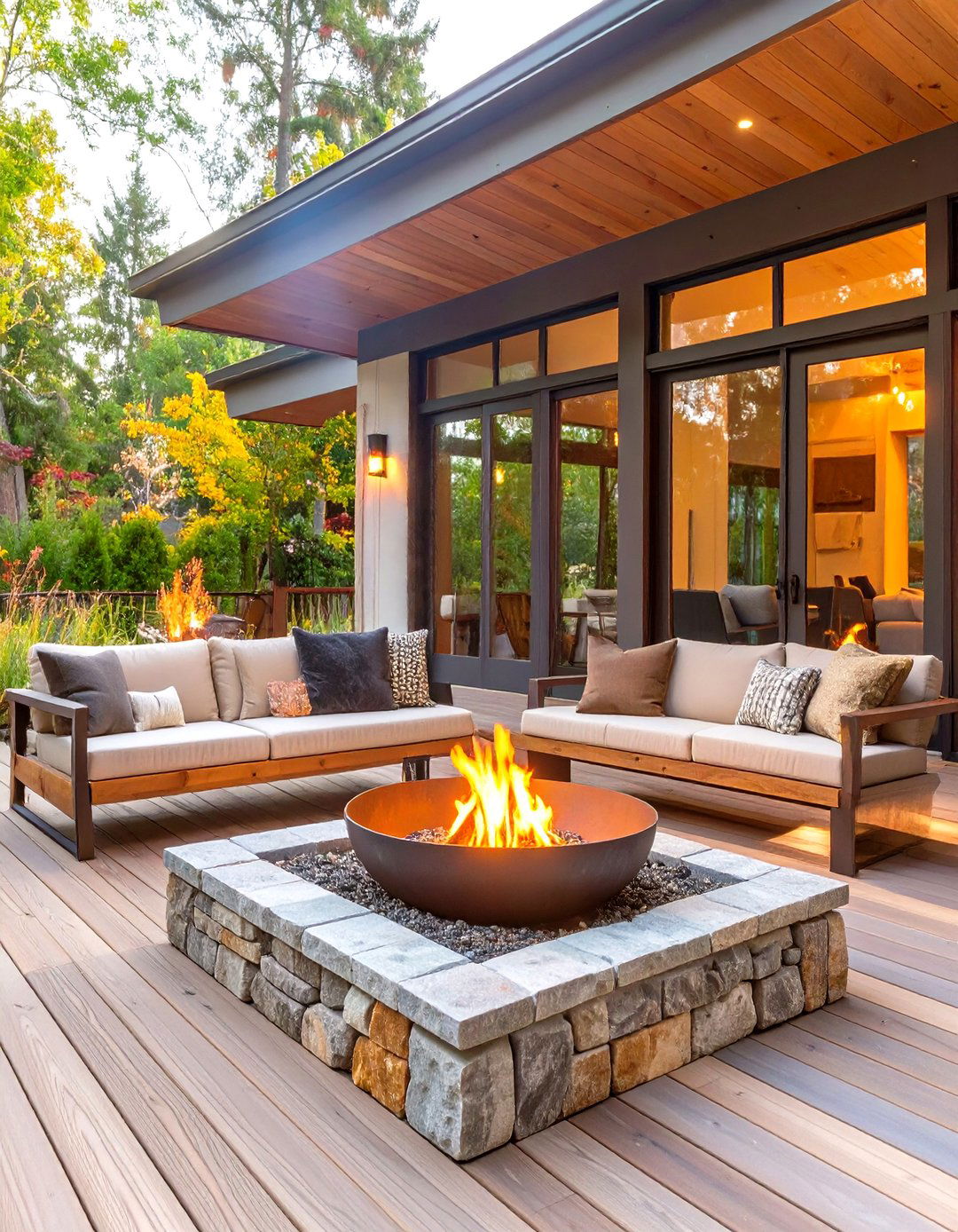 A Fire Pit on a Wooden Deck - 30 country backyard rustic fire pit ideas