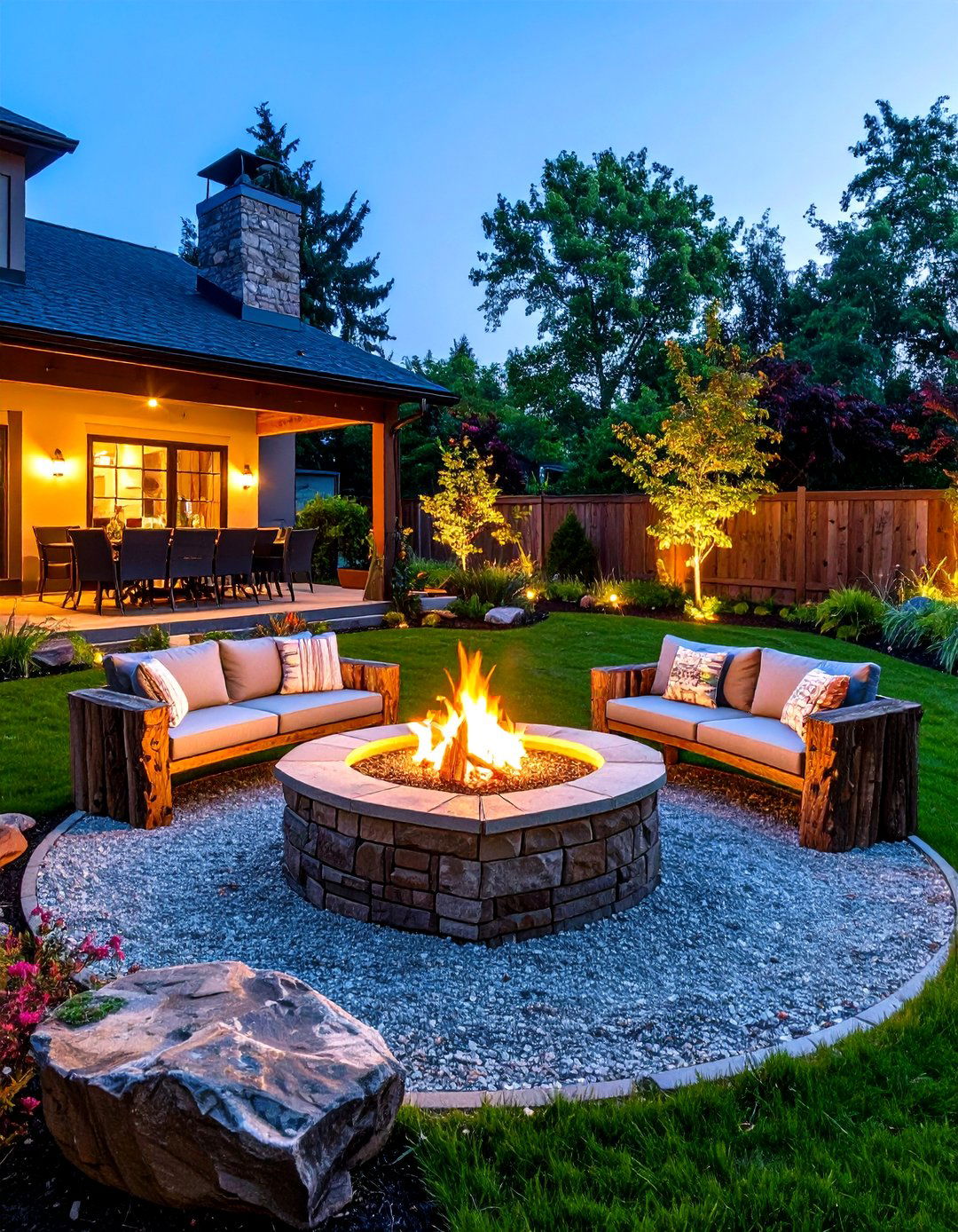 A Fire Pit with Surrounding Log Seating - 30 inexpensive landscaping ideas