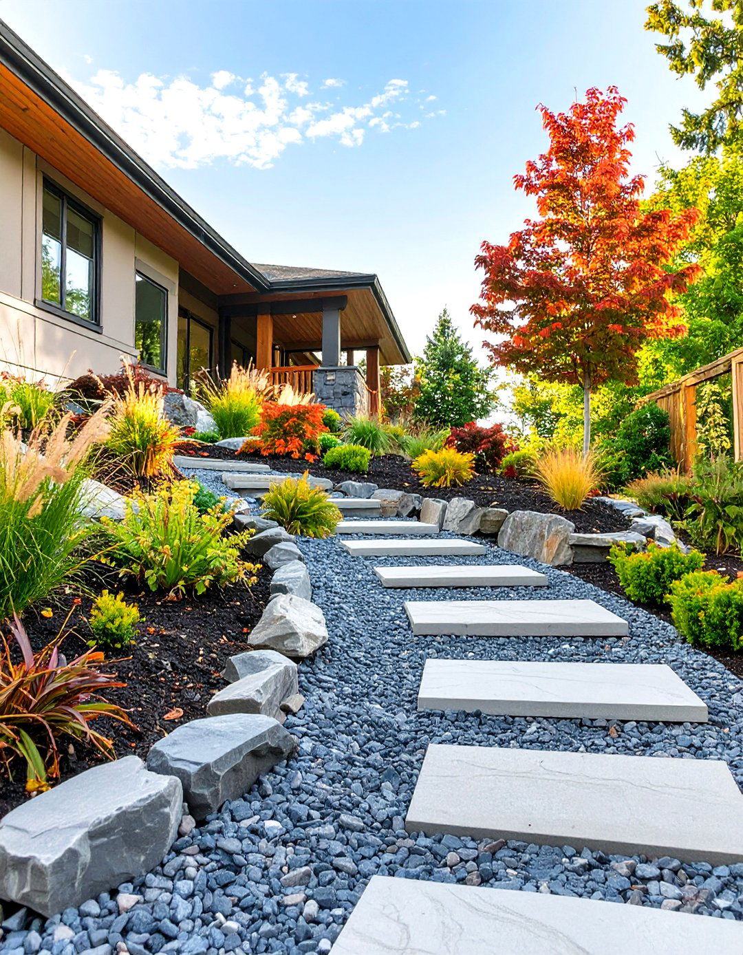 A Fire Safe Zone with Gravel and Pavers - 30 sloped backyard landscaping ideas
