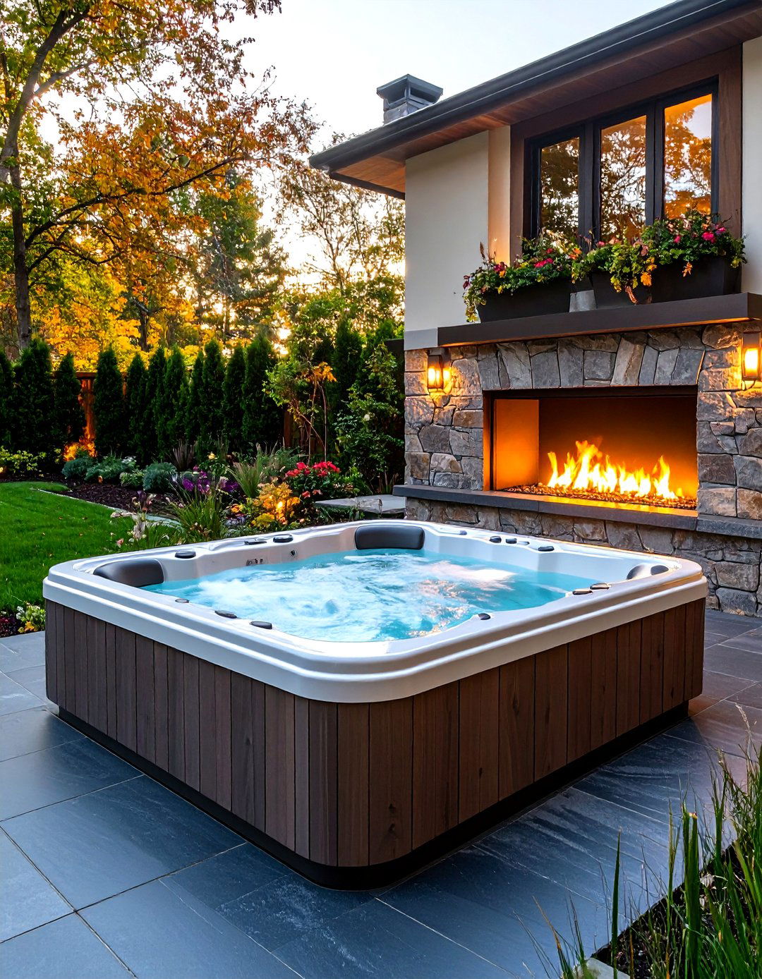 A Fire and Water Themed Hot Tub Area - 30 backyard hot tub ideas