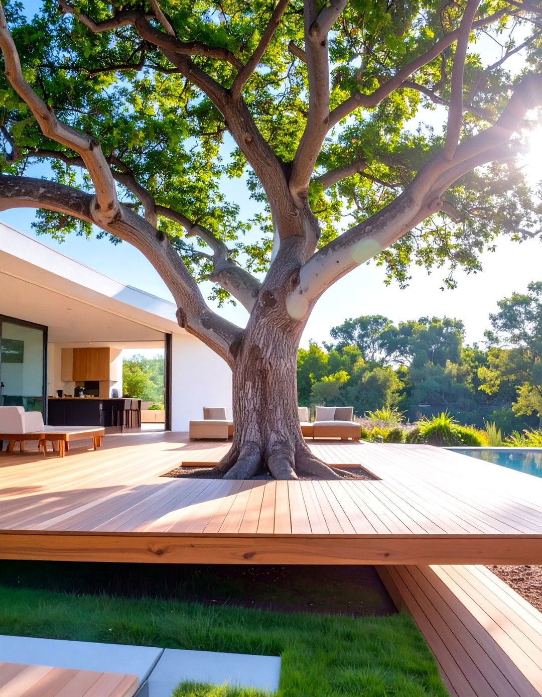 A Floating Deck Around a Tree - 30 low budget floating deck ideas